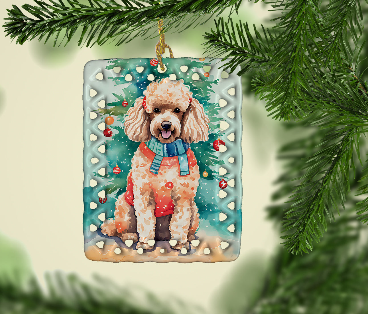 Poodle Christmas Porcelain Ornament Christmas Tree Hanging Decorations for Home Christmas Holiday, Rectangle, Gift, Multicolor