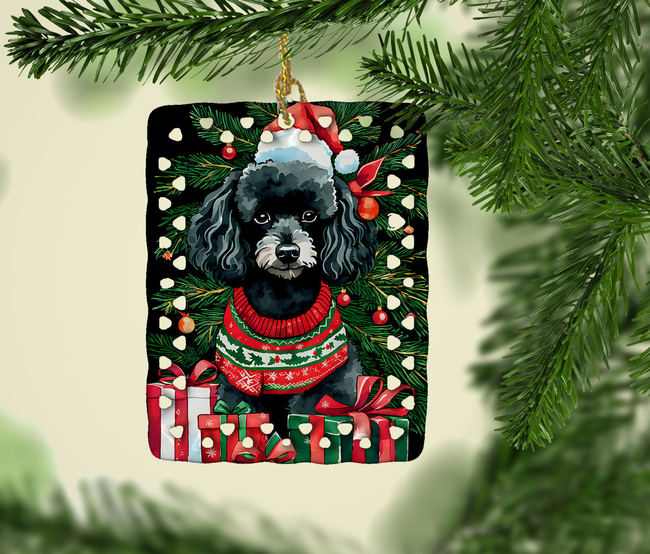 Poodle Christmas Porcelain Ornament Christmas Tree Hanging Decorations for Home Christmas Holiday, Rectangle, Gift, Multicolor