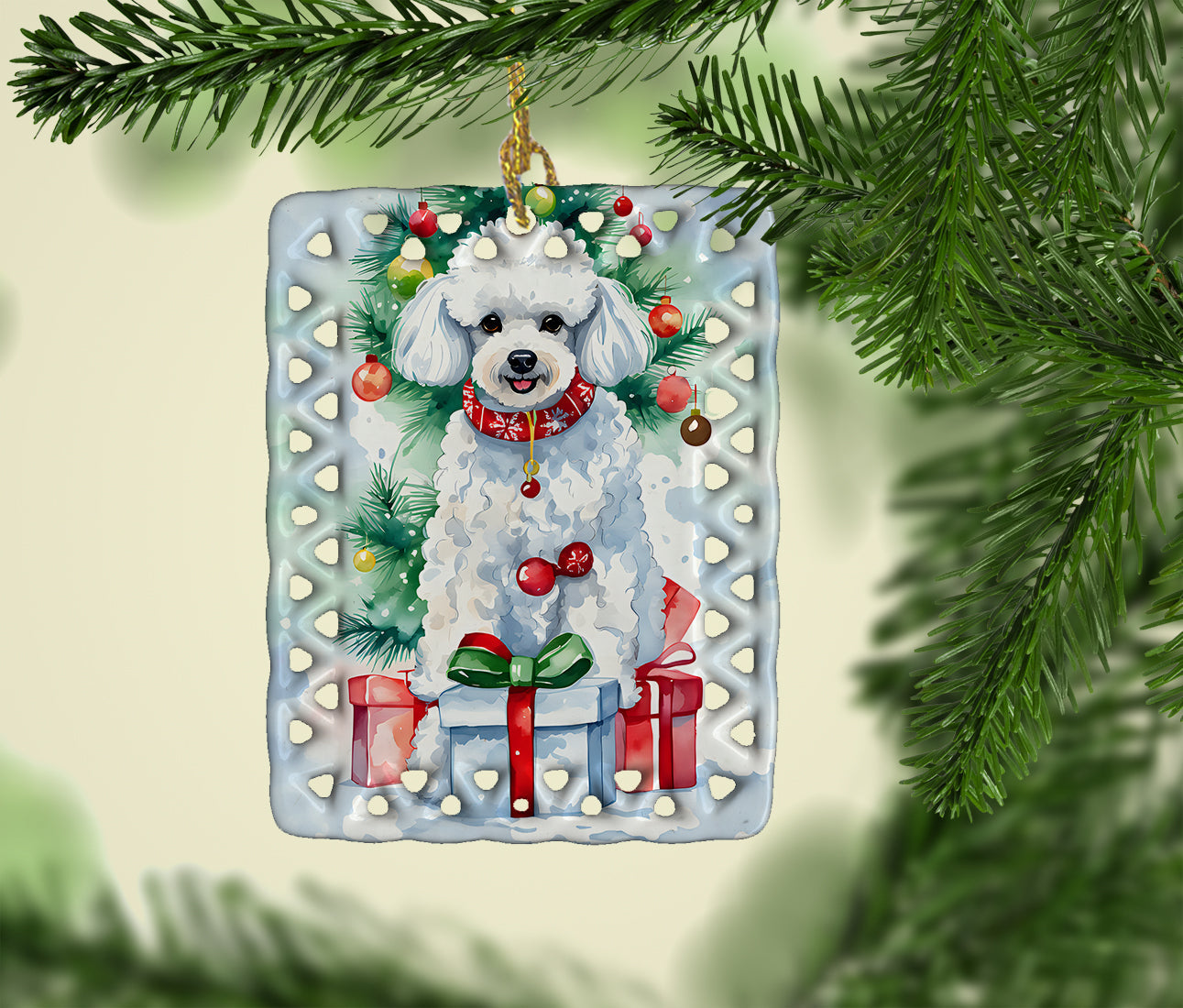 Poodle Christmas Porcelain Ornament Christmas Tree Hanging Decorations for Home Christmas Holiday, Rectangle, Gift, Multicolor