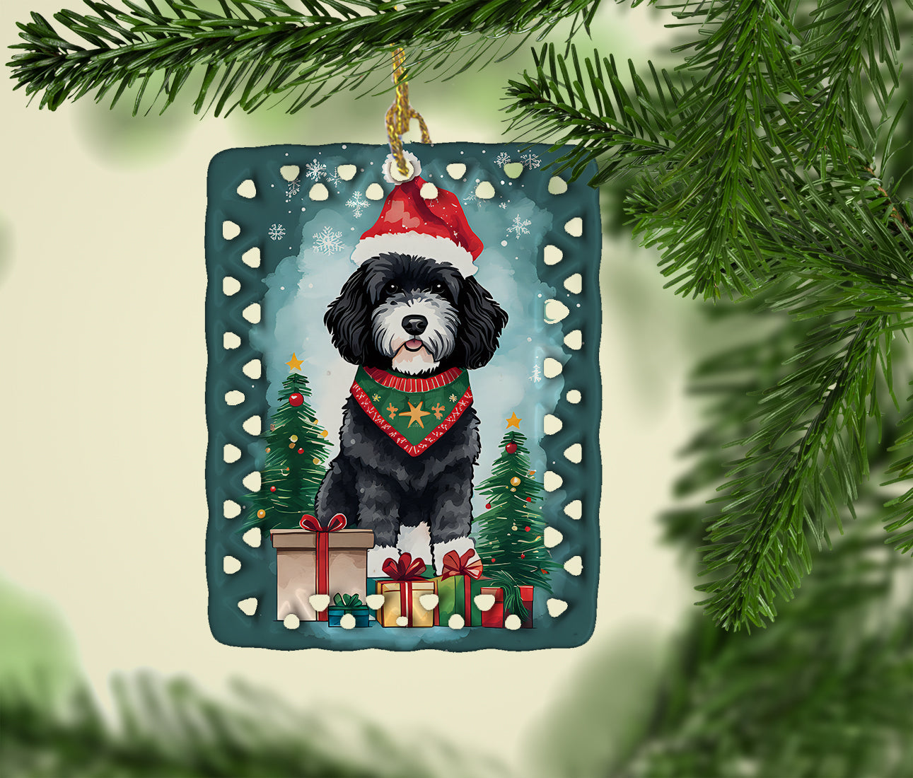 Portuguese Water Dog Christmas Porcelain Ornament Christmas Tree Hanging Decorations for Home Christmas Holiday, Rectangle, Gift, Multicolor