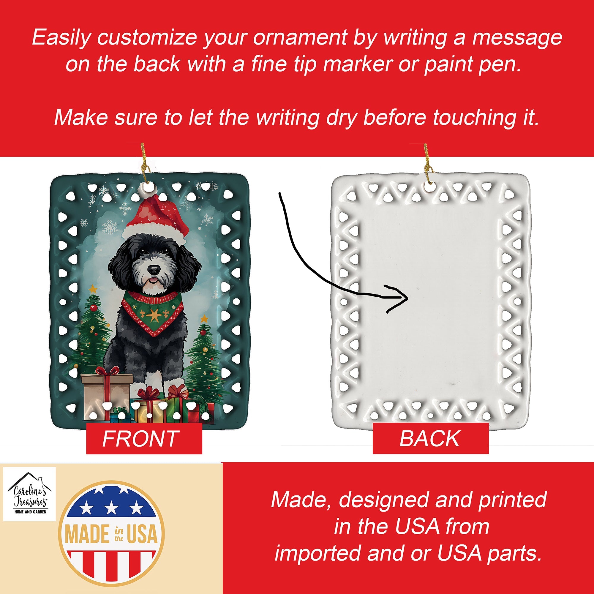 Portuguese Water Dog Christmas Porcelain Ornament Christmas Tree Hanging Decorations for Home Christmas Holiday, Rectangle, Gift, Multicolor