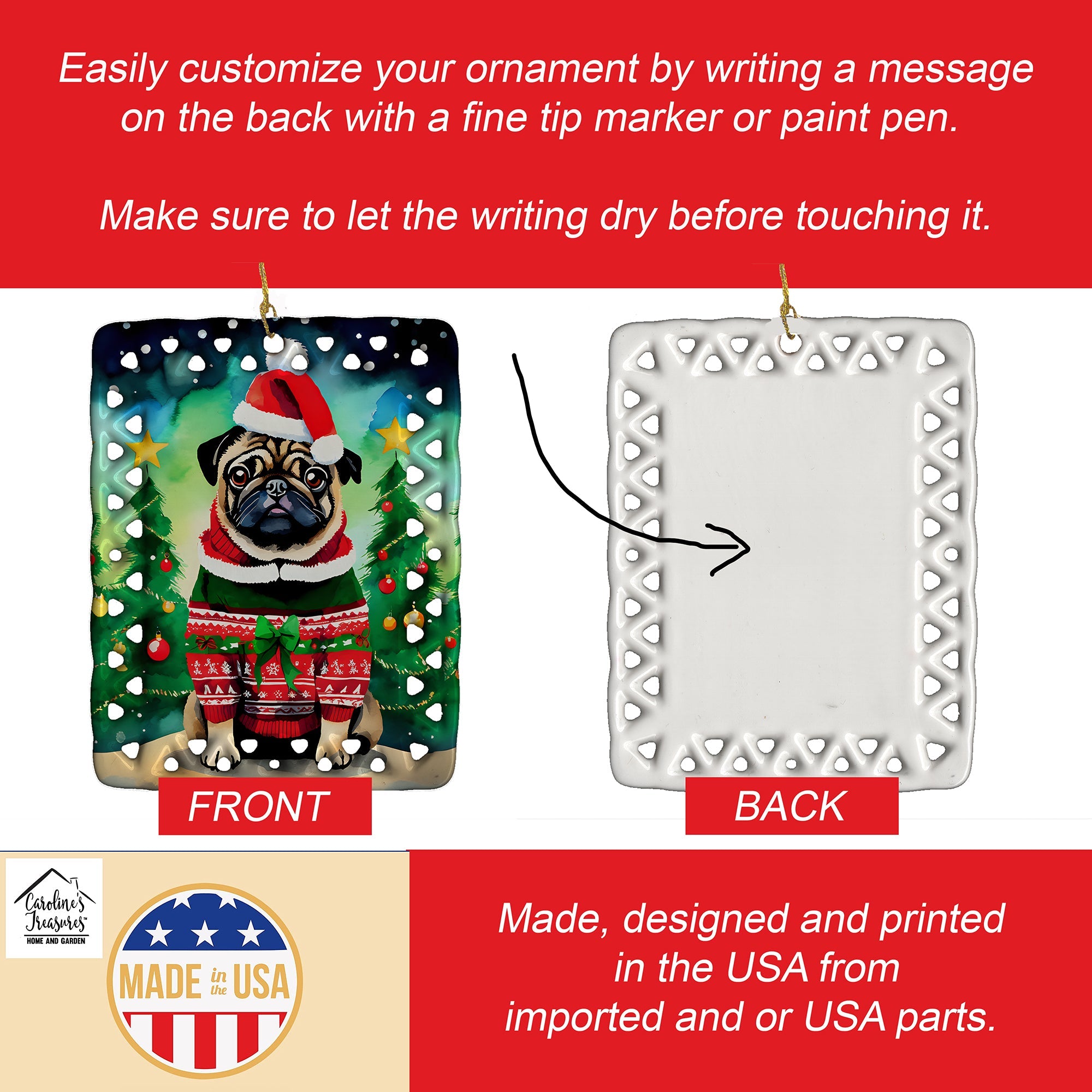Pug Christmas Porcelain Ornament Christmas Tree Hanging Decorations for Home Christmas Holiday, Rectangle, Gift, Multicolor