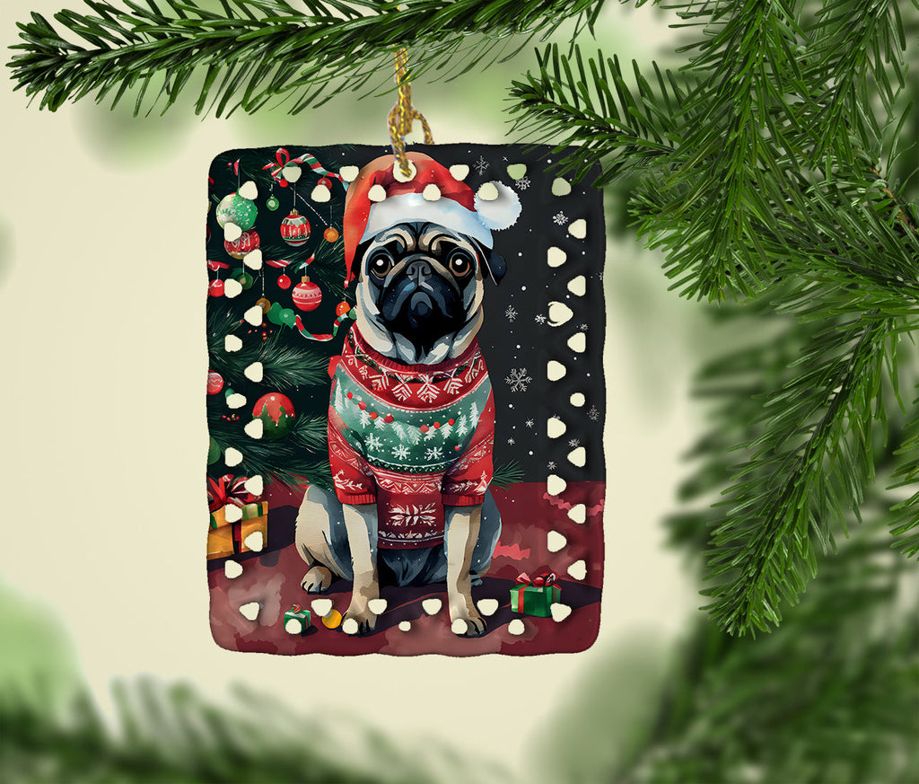 Pug Christmas Porcelain Ornament Christmas Tree Hanging Decorations for Home Christmas Holiday, Rectangle, Gift, Multicolor
