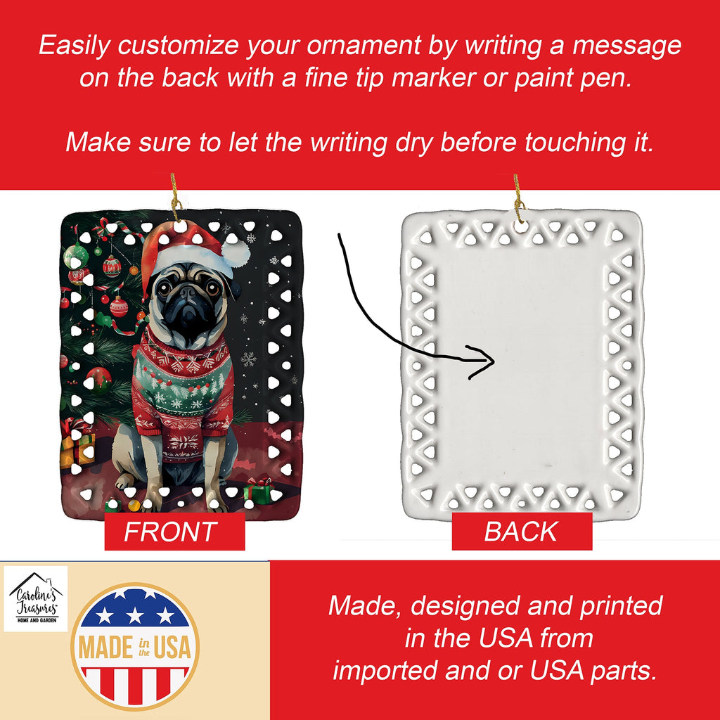 Pug Christmas Porcelain Ornament Christmas Tree Hanging Decorations for Home Christmas Holiday, Rectangle, Gift, Multicolor