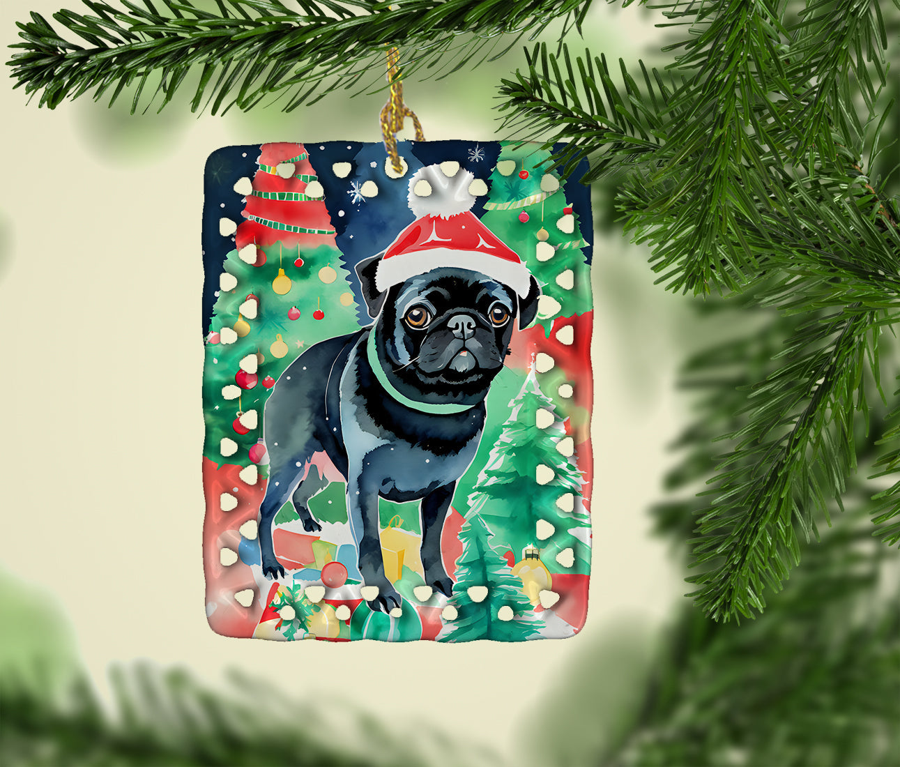 Pug Christmas Porcelain Ornament Christmas Tree Hanging Decorations for Home Christmas Holiday, Rectangle, Gift, Multicolor