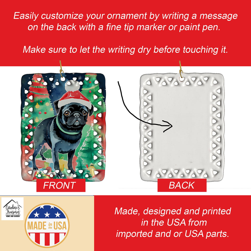 Pug Christmas Porcelain Ornament Christmas Tree Hanging Decorations for Home Christmas Holiday, Rectangle, Gift, Multicolor