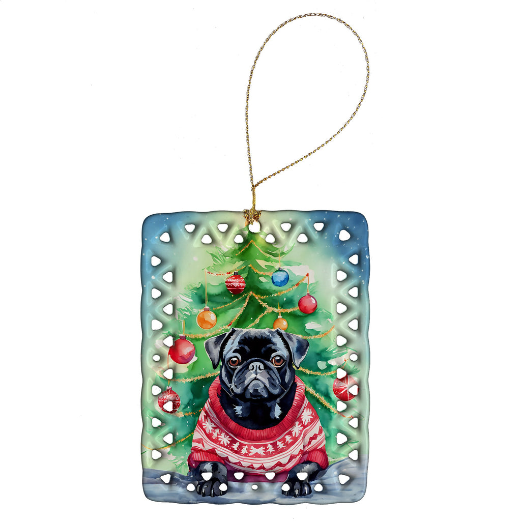 Pug Christmas Porcelain Ornament Christmas Tree Hanging Decorations for Home Christmas Holiday, Rectangle, Gift, Multicolor