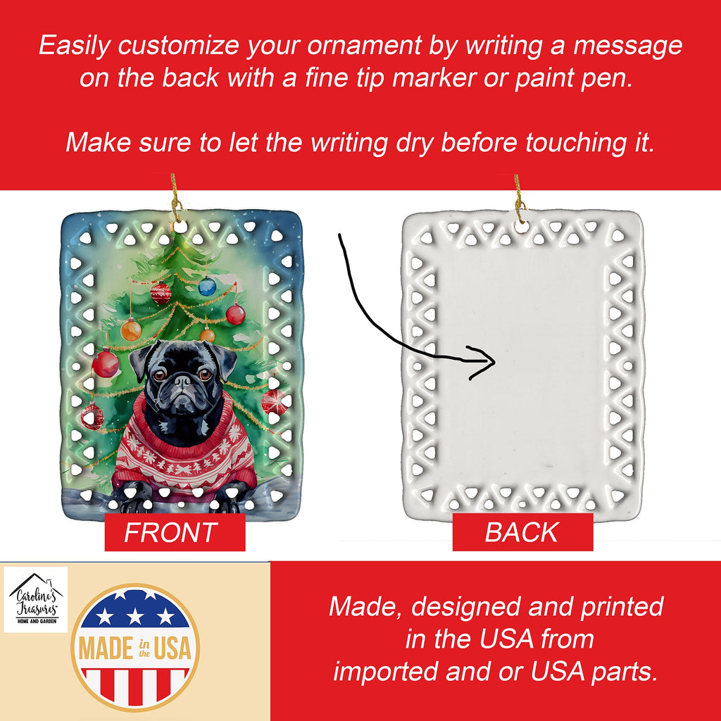 Pug Christmas Porcelain Ornament Christmas Tree Hanging Decorations for Home Christmas Holiday, Rectangle, Gift, Multicolor