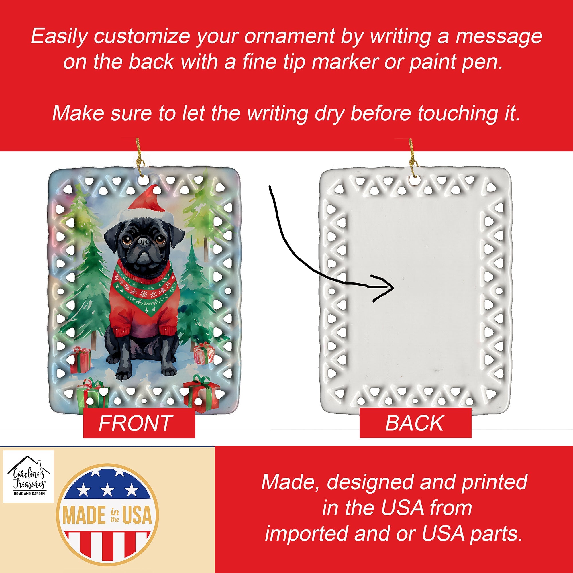 Pug Christmas Porcelain Ornament Christmas Tree Hanging Decorations for Home Christmas Holiday, Rectangle, Gift, Multicolor