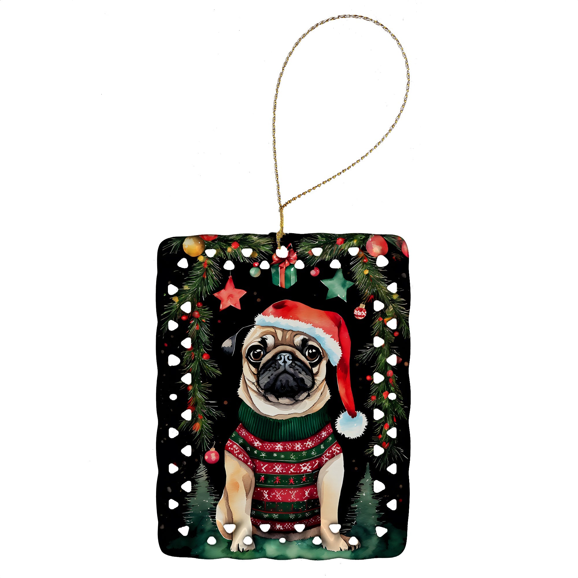 Pug Christmas Porcelain Ornament Christmas Tree Hanging Decorations for Home Christmas Holiday, Rectangle, Gift, Multicolor