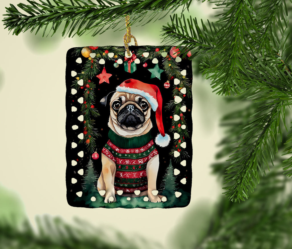 Pug Christmas Porcelain Ornament Christmas Tree Hanging Decorations for Home Christmas Holiday, Rectangle, Gift, Multicolor