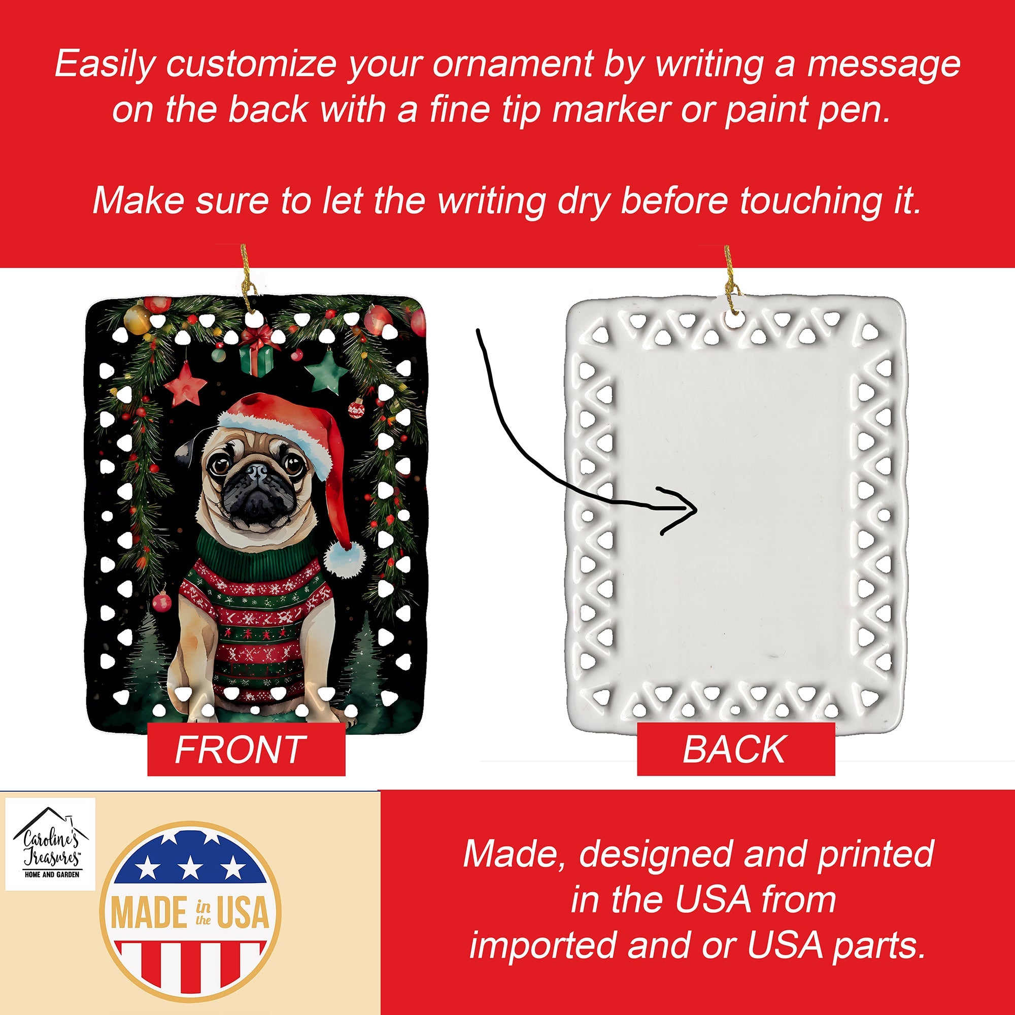 Pug Christmas Porcelain Ornament Christmas Tree Hanging Decorations for Home Christmas Holiday, Rectangle, Gift, Multicolor