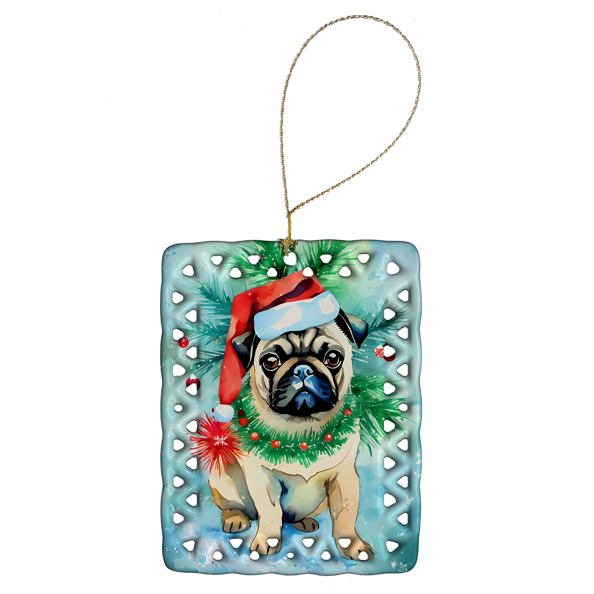 Pug Christmas Porcelain Ornament Christmas Tree Hanging Decorations for Home Christmas Holiday, Rectangle, Gift, Multicolor