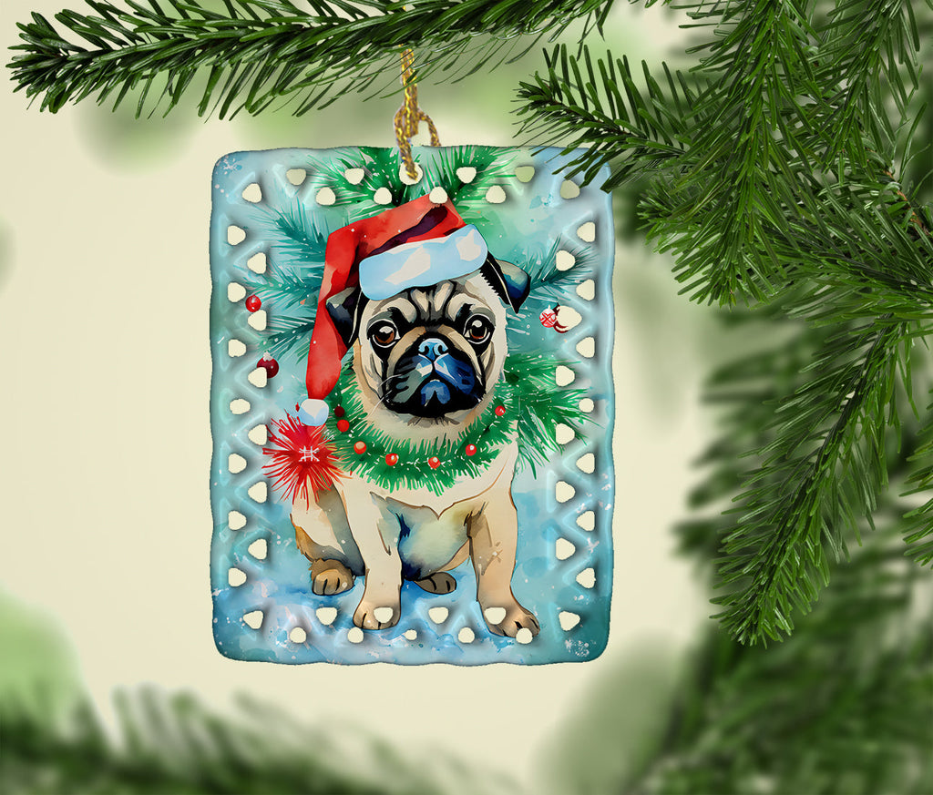 Pug Christmas Porcelain Ornament Christmas Tree Hanging Decorations for Home Christmas Holiday, Rectangle, Gift, Multicolor