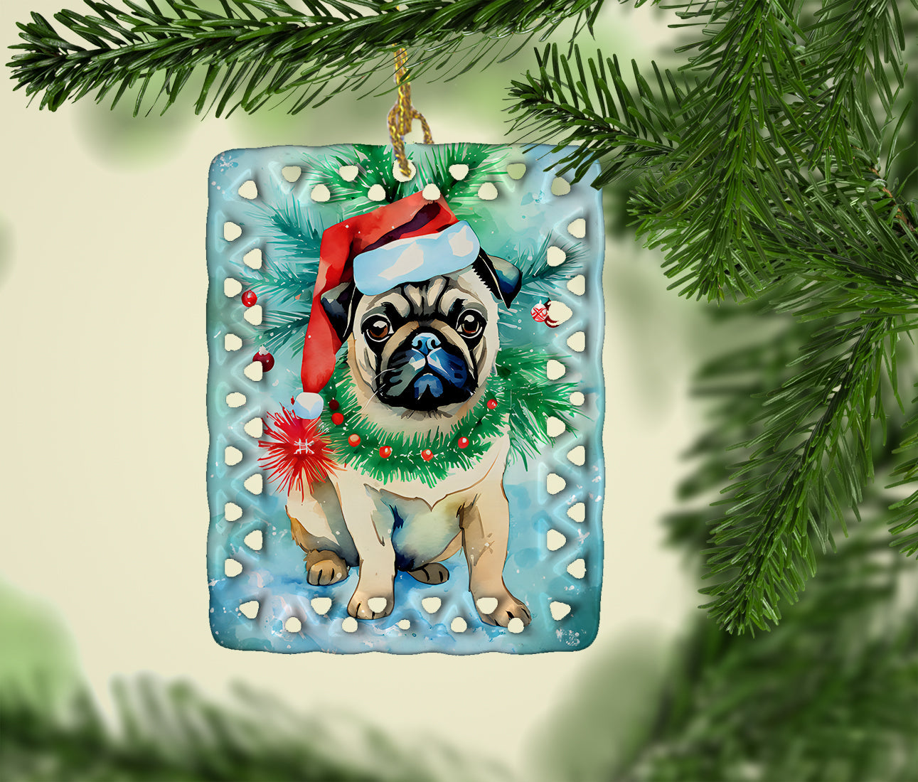 Pug Christmas Porcelain Ornament Christmas Tree Hanging Decorations for Home Christmas Holiday, Rectangle, Gift, Multicolor