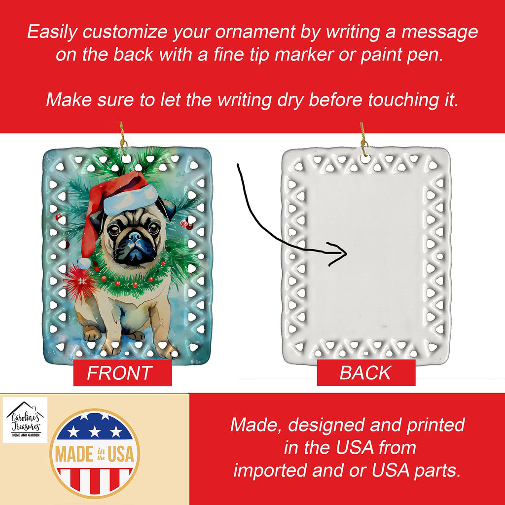 Pug Christmas Porcelain Ornament Christmas Tree Hanging Decorations for Home Christmas Holiday, Rectangle, Gift, Multicolor