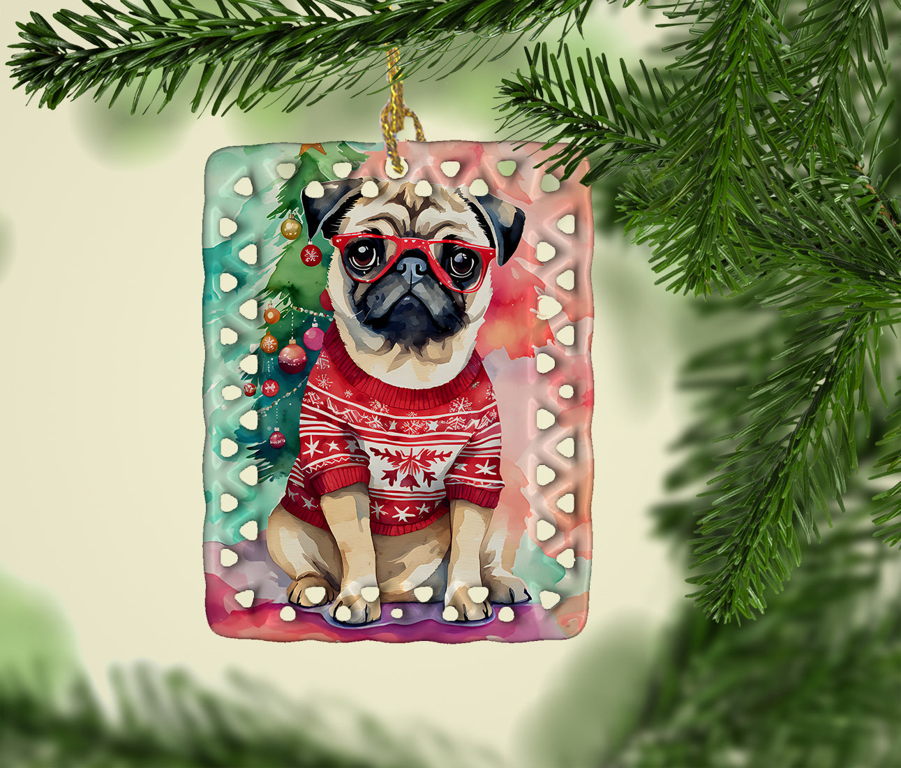 Pug Christmas Porcelain Ornament Christmas Tree Hanging Decorations for Home Christmas Holiday, Rectangle, Gift, Multicolor