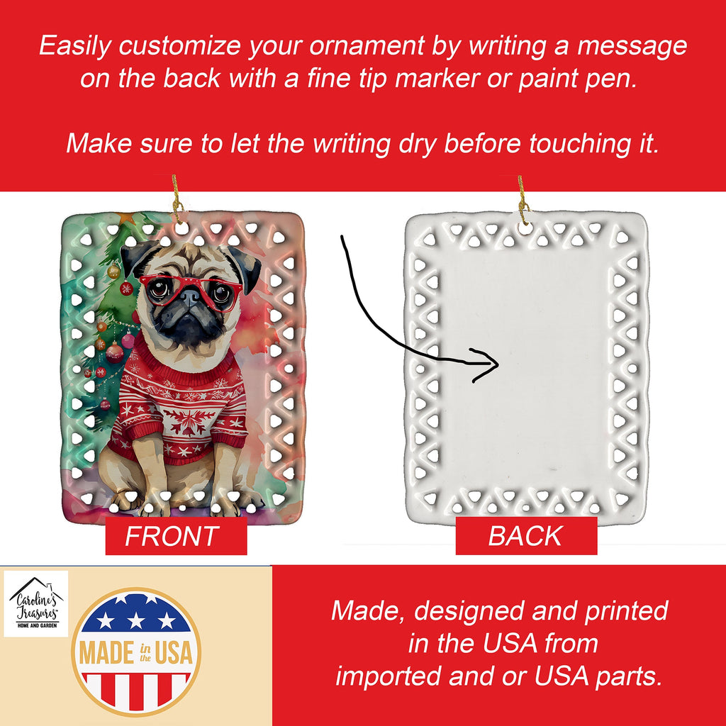 Pug Christmas Porcelain Ornament Christmas Tree Hanging Decorations for Home Christmas Holiday, Rectangle, Gift, Multicolor