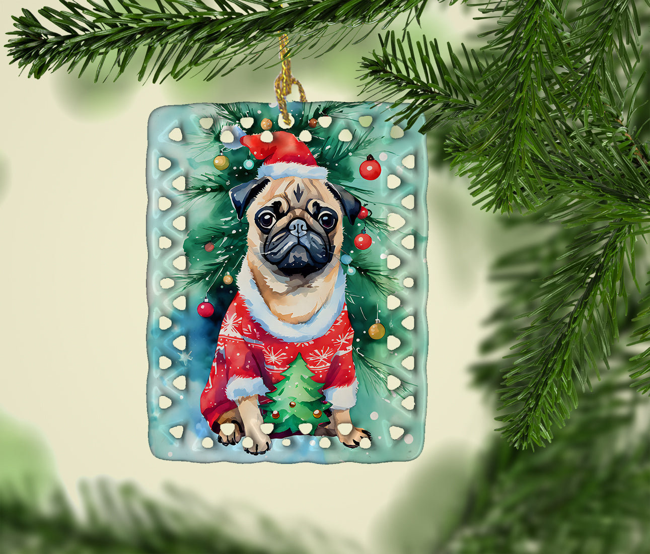 Pug Christmas Porcelain Ornament Christmas Tree Hanging Decorations for Home Christmas Holiday, Rectangle, Gift, Multicolor
