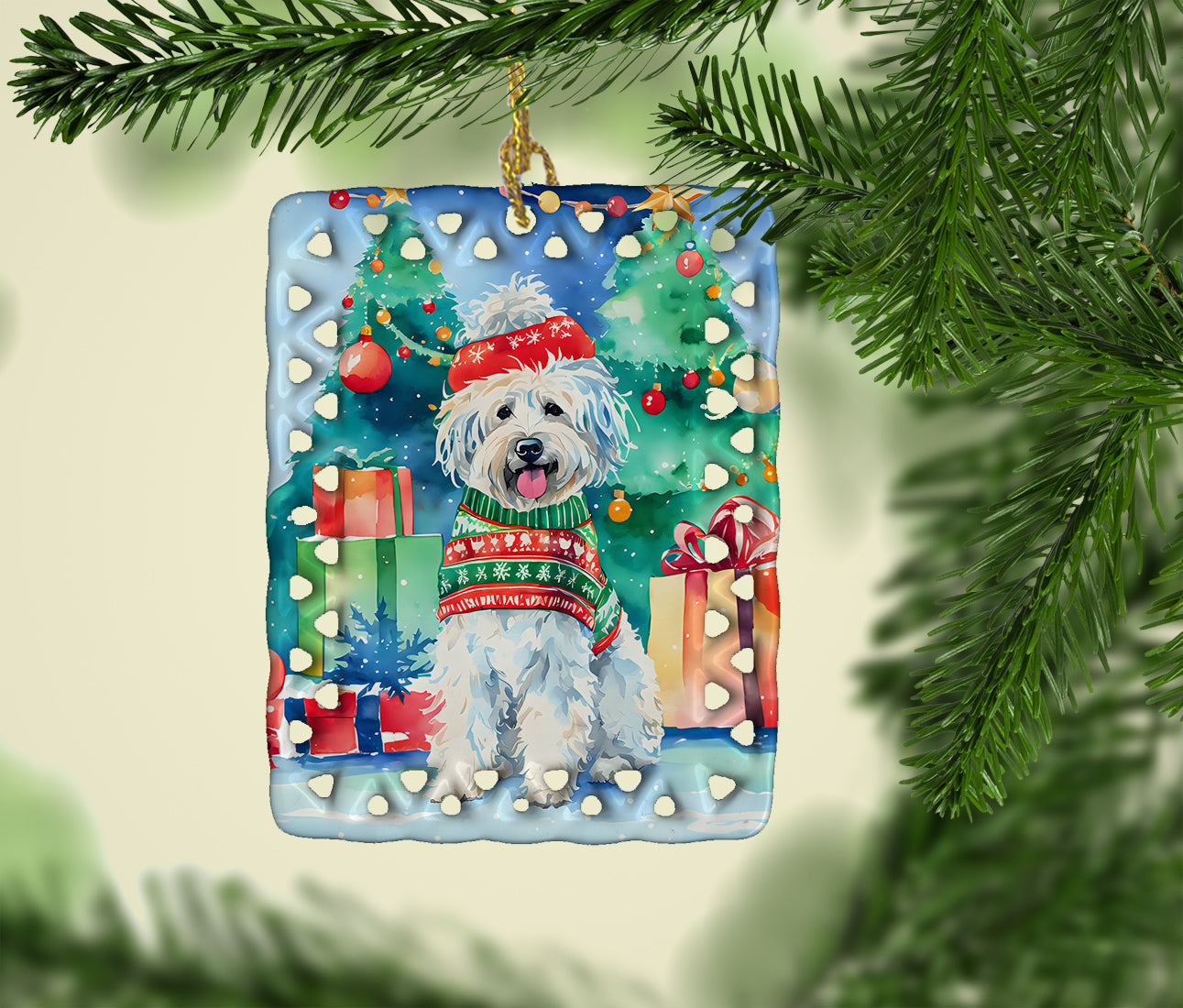 Puli Christmas Porcelain Ornament Christmas Tree Hanging Decorations for Home Christmas Holiday, Rectangle, Gift, Multicolor