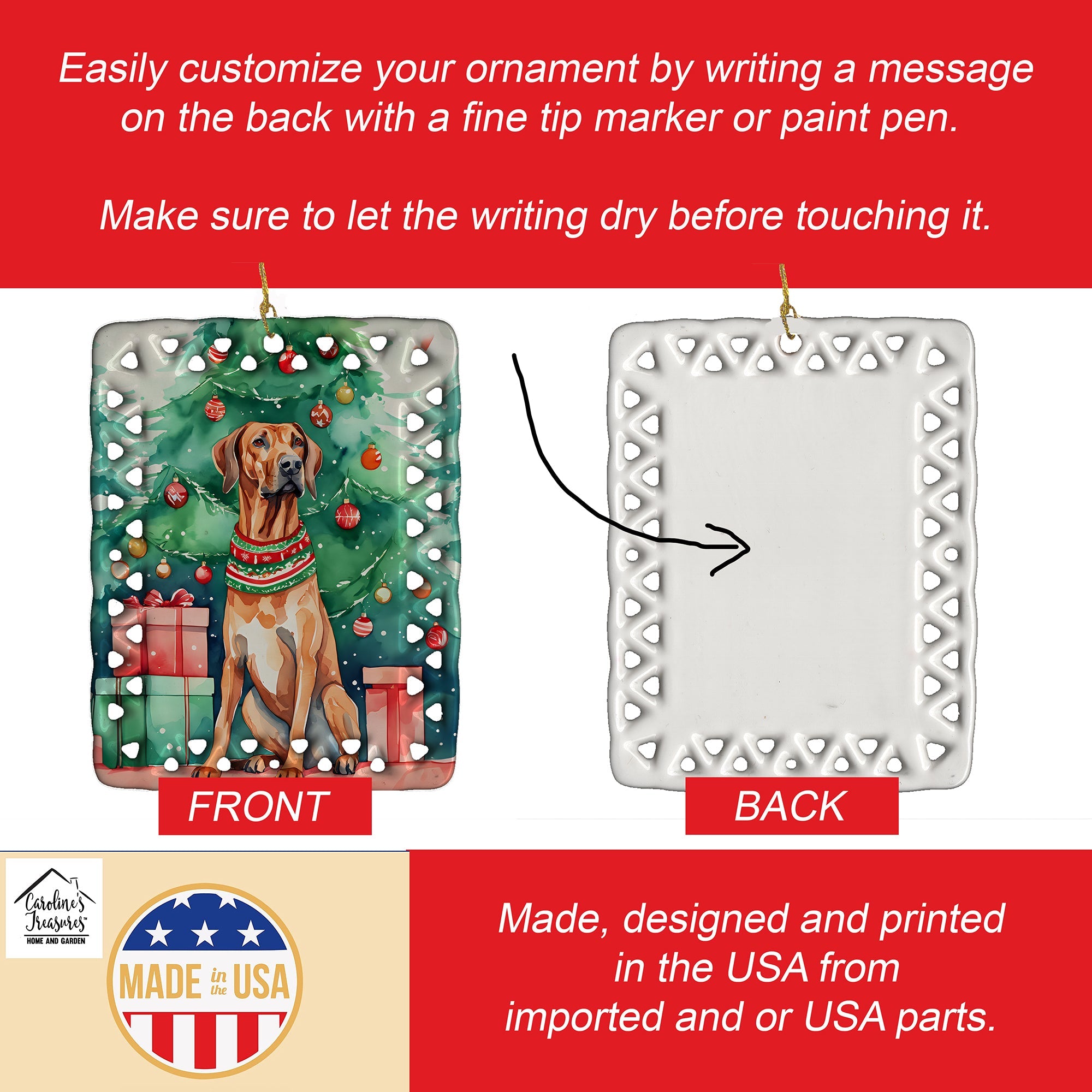 Rhodesian Ridgeback Christmas Porcelain Ornament Christmas Tree Hanging Decorations for Home Christmas Holiday, Rectangle, Gift, Multicolor