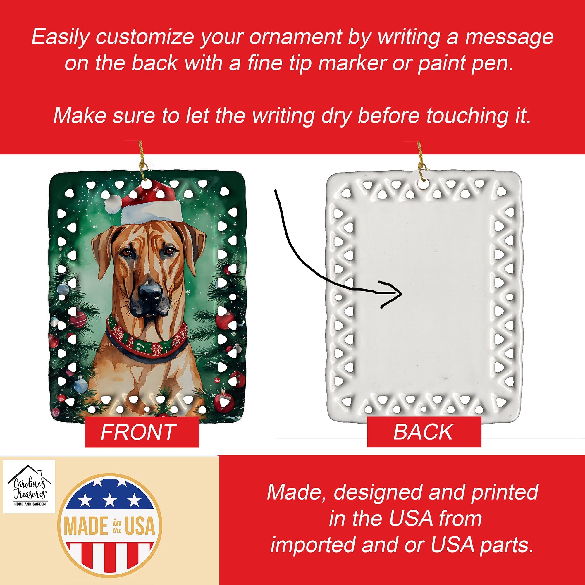 Rhodesian Ridgeback Christmas Porcelain Ornament Christmas Tree Hanging Decorations for Home Christmas Holiday, Rectangle, Gift, Multicolor