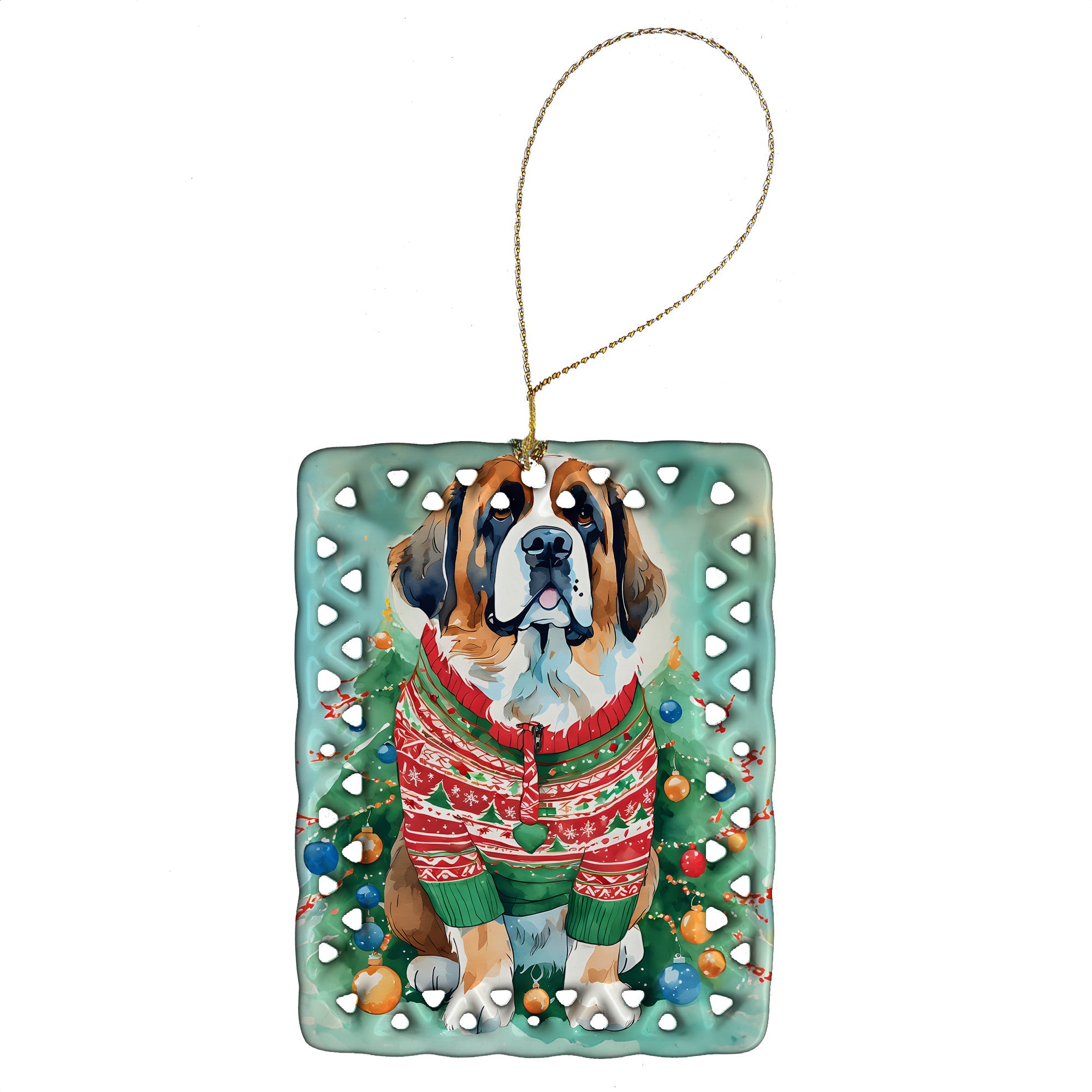 Saint Bernard Christmas Porcelain Ornament Christmas Tree Hanging Decorations for Home Christmas Holiday, Rectangle, Gift, Multicolor