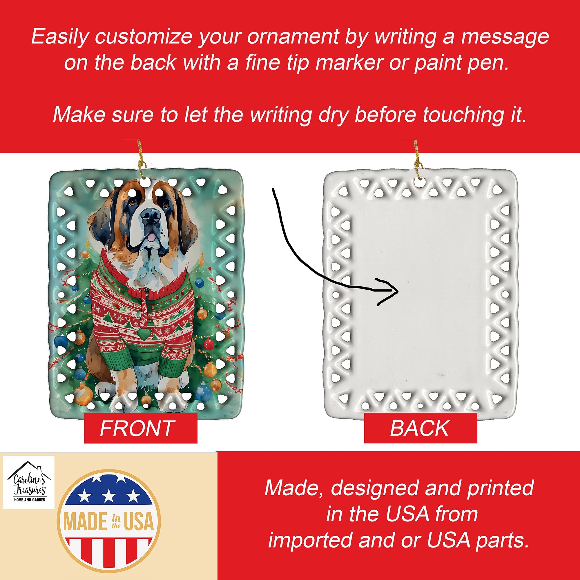Saint Bernard Christmas Porcelain Ornament Christmas Tree Hanging Decorations for Home Christmas Holiday, Rectangle, Gift, Multicolor