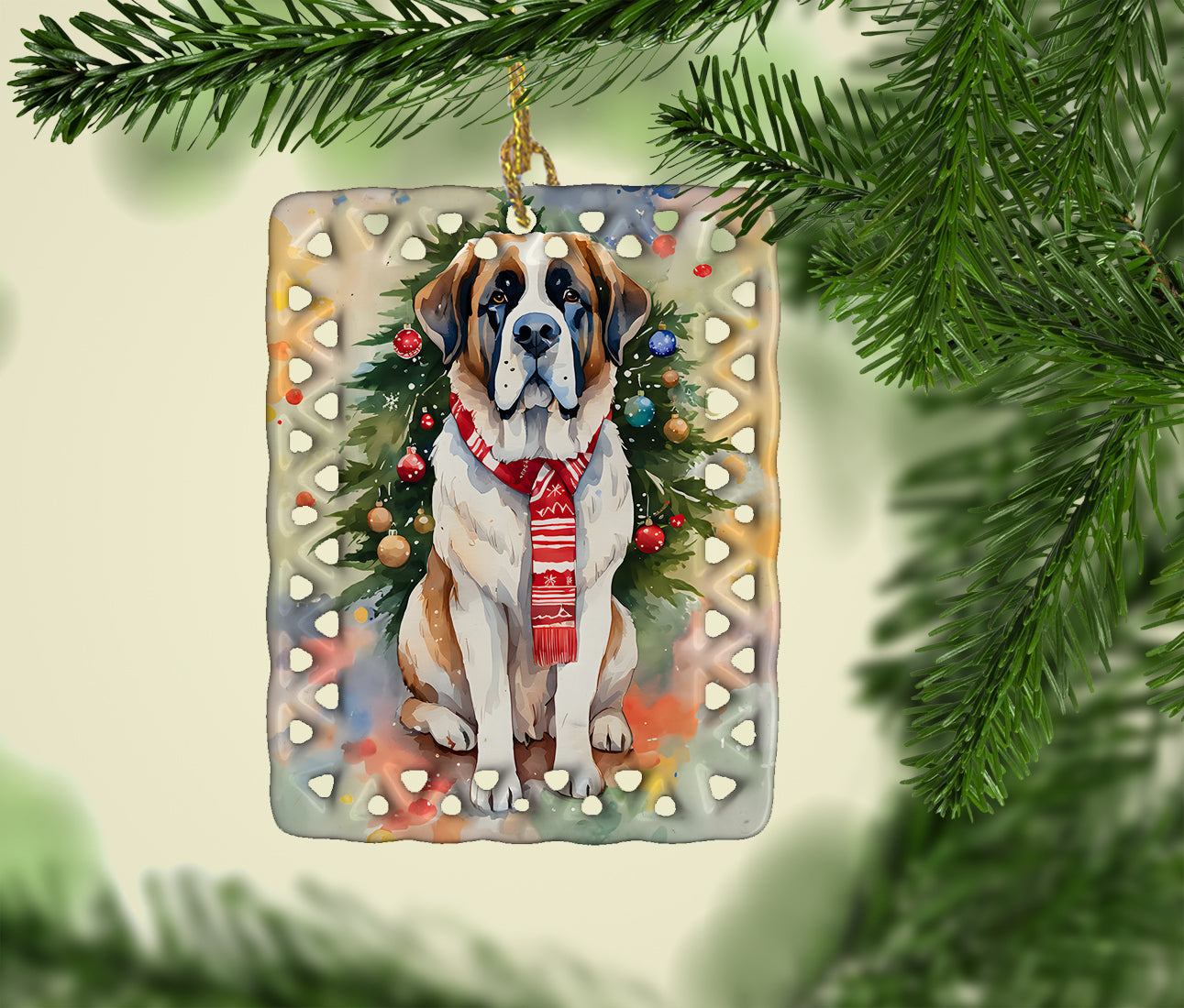 Saint Bernard Christmas Porcelain Ornament Christmas Tree Hanging Decorations for Home Christmas Holiday, Rectangle, Gift, Multicolor