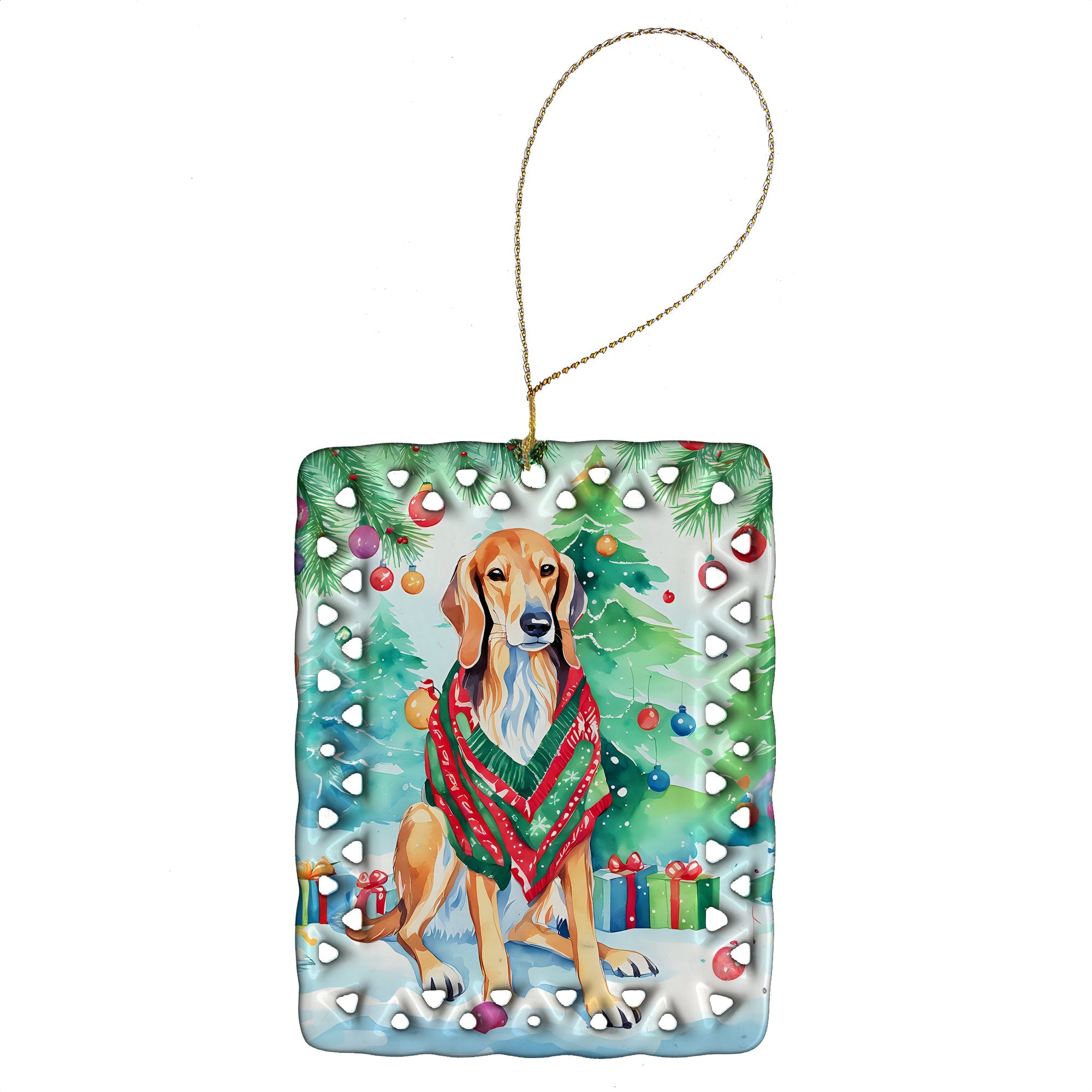Saluki Christmas Porcelain Ornament Christmas Tree Hanging Decorations for Home Christmas Holiday, Rectangle, Gift, Multicolor