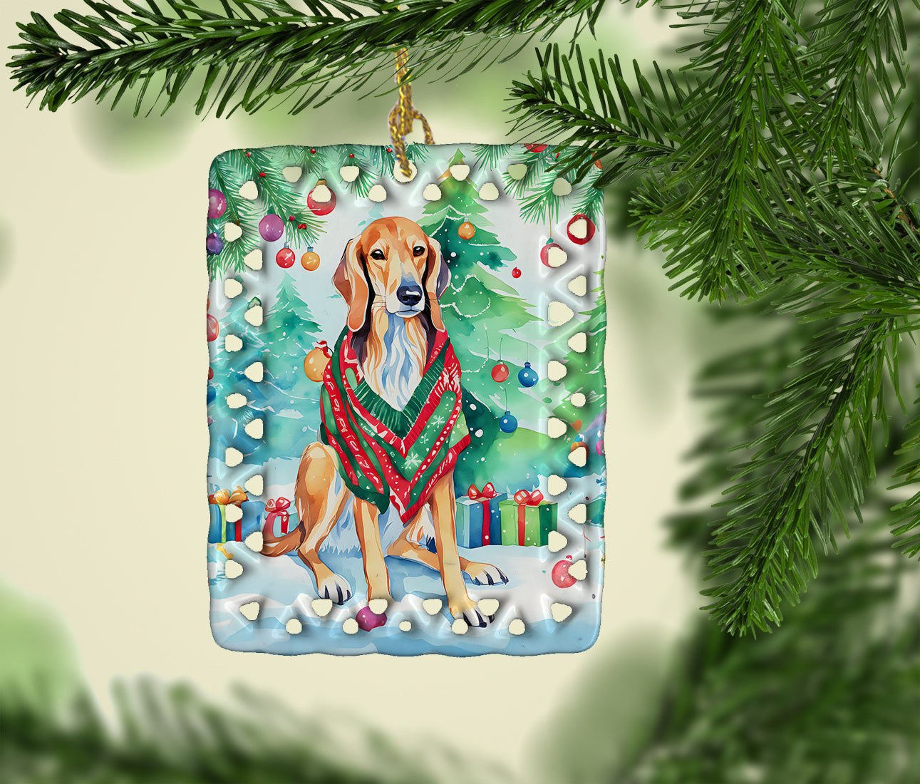 Saluki Christmas Porcelain Ornament Christmas Tree Hanging Decorations for Home Christmas Holiday, Rectangle, Gift, Multicolor