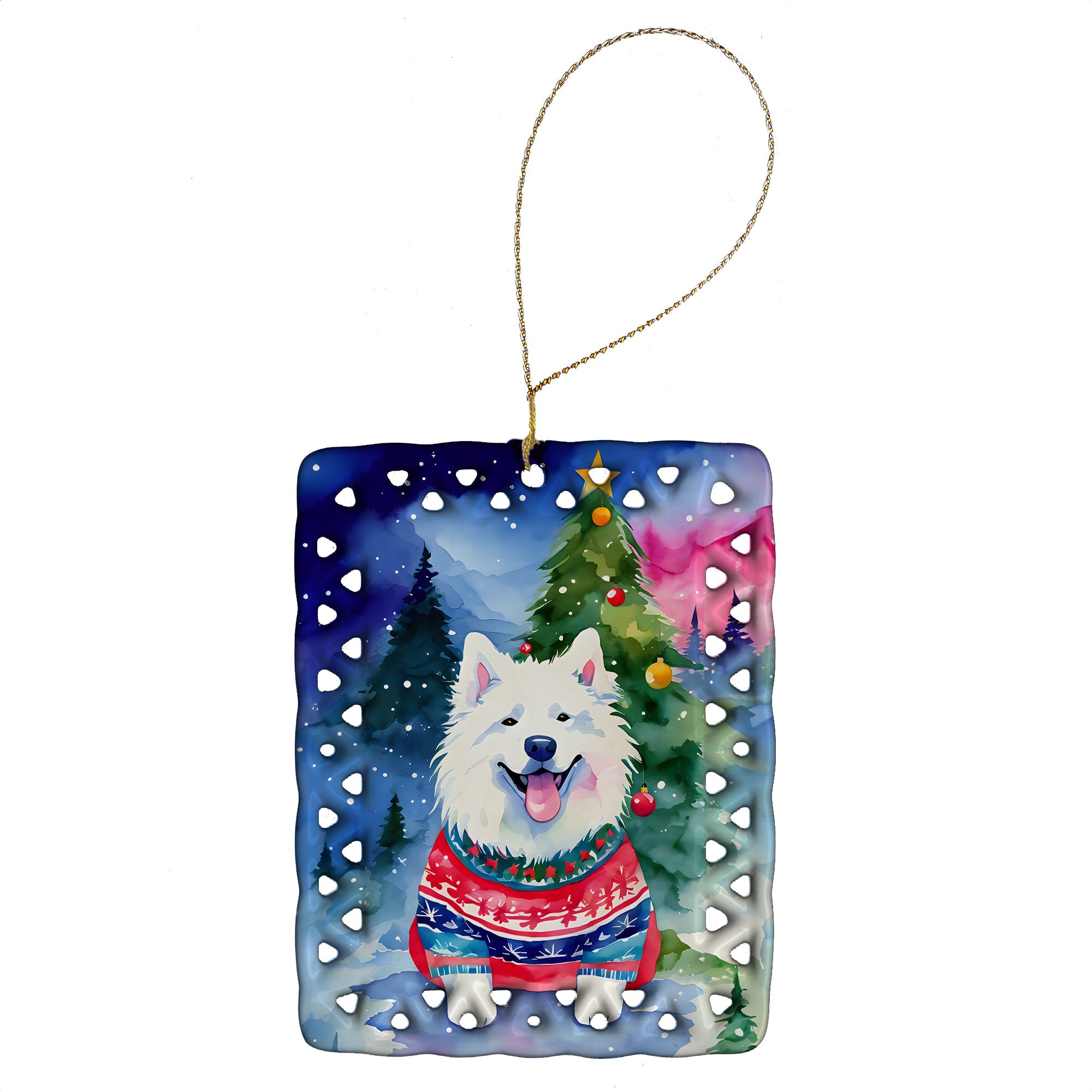 Samoyed Christmas Porcelain Ornament Christmas Tree Hanging Decorations for Home Christmas Holiday, Rectangle, Gift, Multicolor