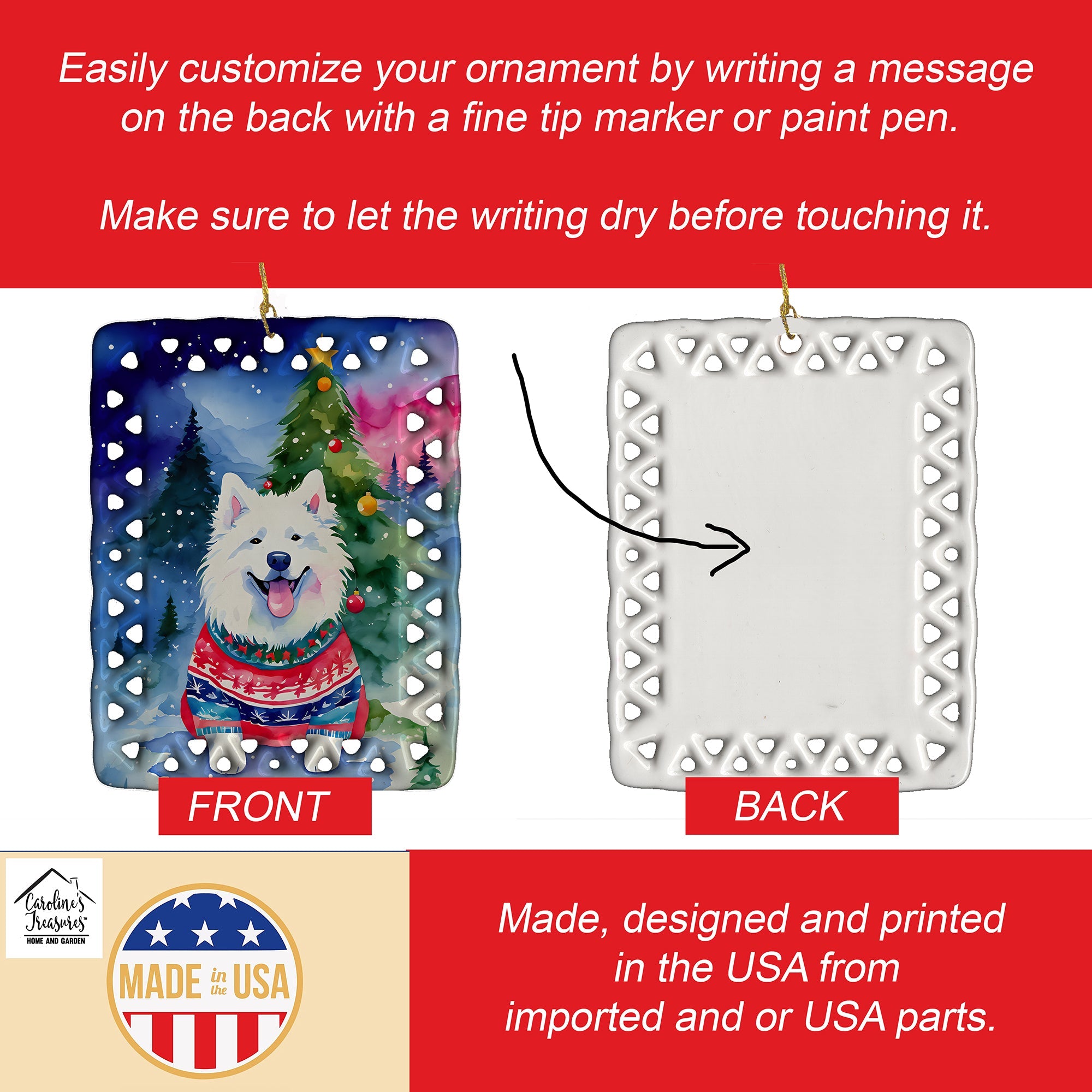Samoyed Christmas Porcelain Ornament Christmas Tree Hanging Decorations for Home Christmas Holiday, Rectangle, Gift, Multicolor