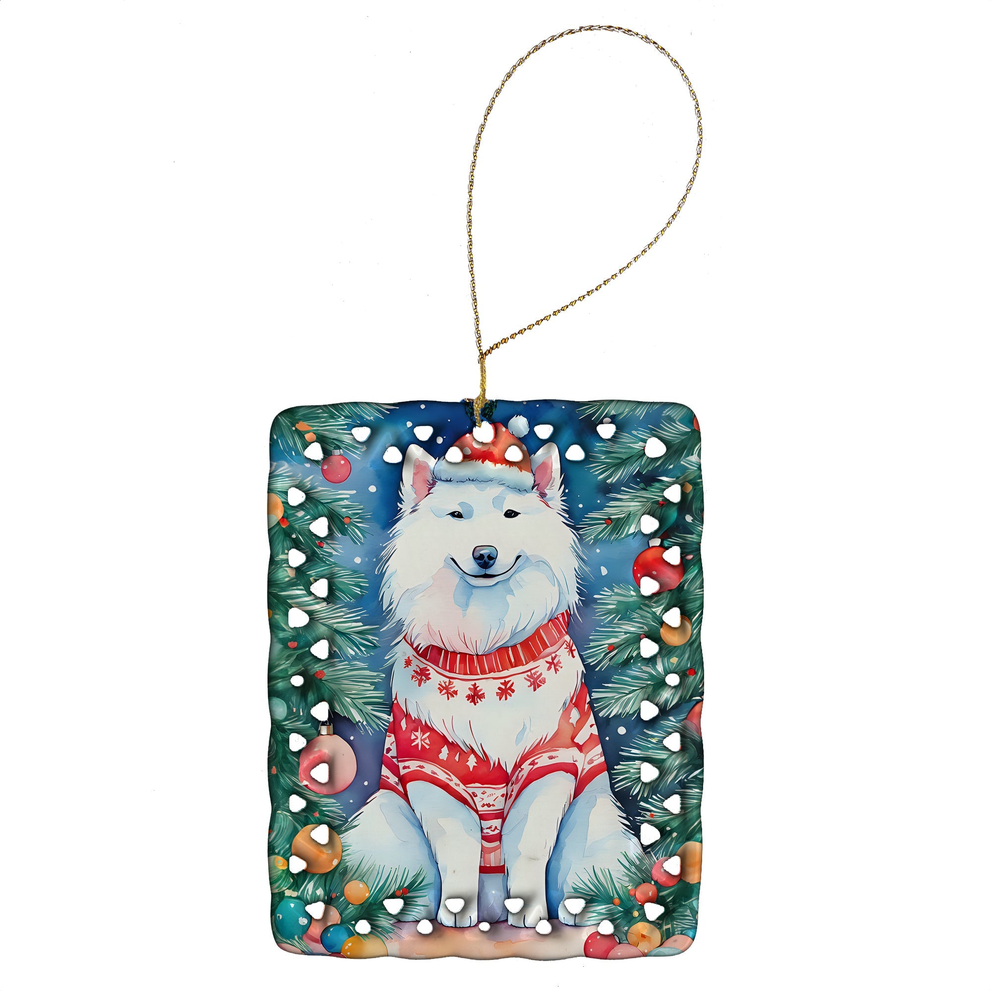 Samoyed Christmas Porcelain Ornament Christmas Tree Hanging Decorations for Home Christmas Holiday, Rectangle, Gift, Multicolor