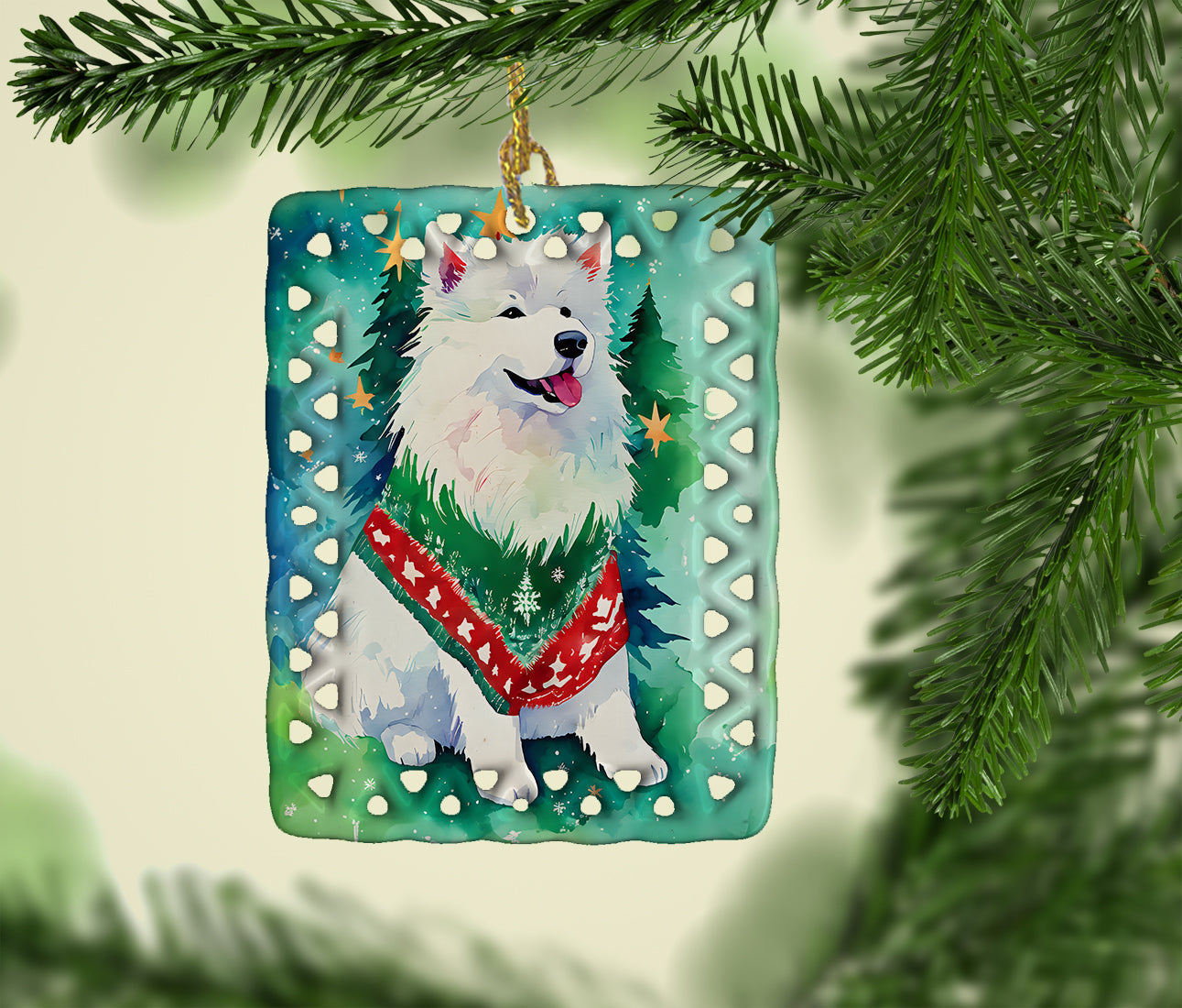 Samoyed Christmas Porcelain Ornament Christmas Tree Hanging Decorations for Home Christmas Holiday, Rectangle, Gift, Multicolor