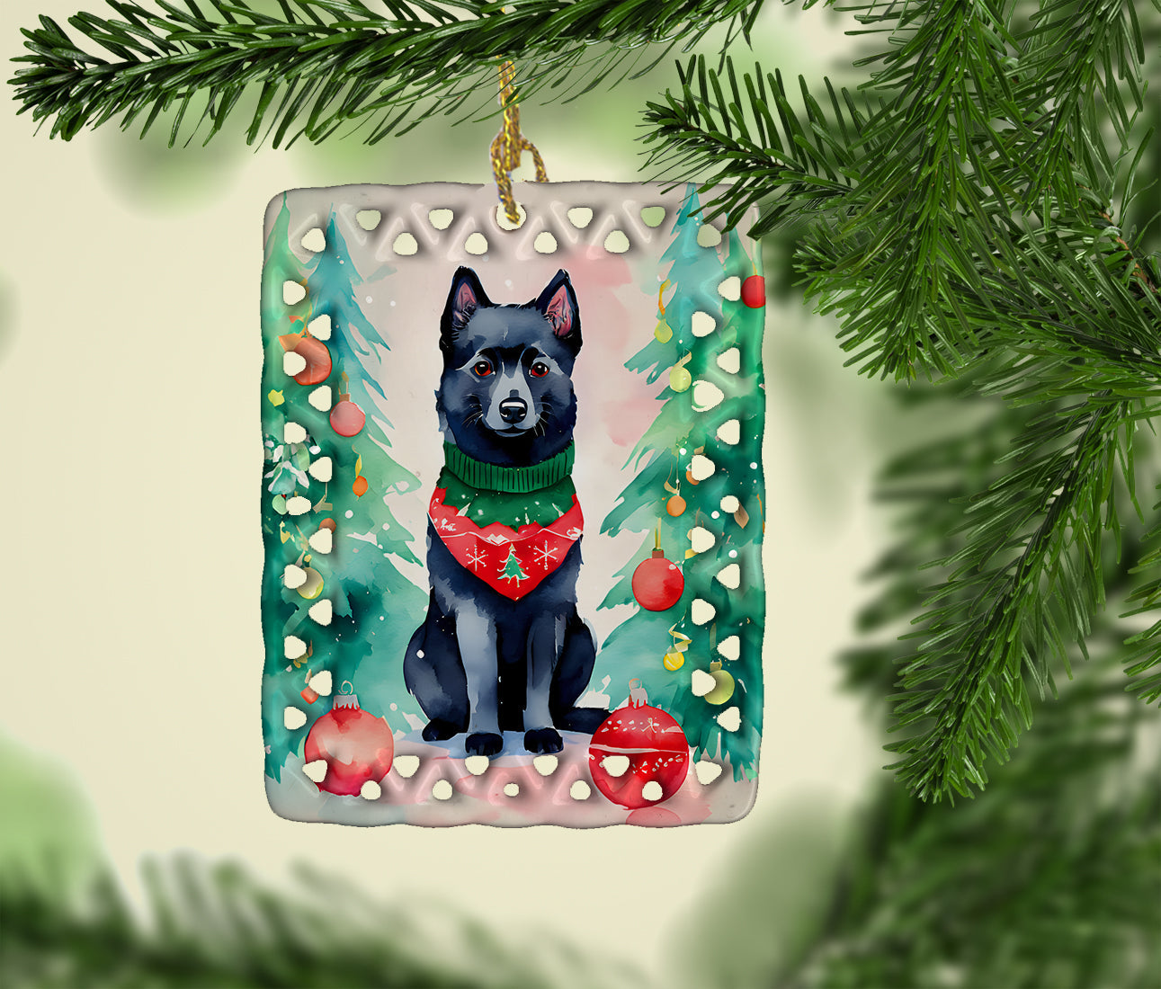 Schipperke Christmas Porcelain Ornament Christmas Tree Hanging Decorations for Home Christmas Holiday, Rectangle, Gift, Multicolor