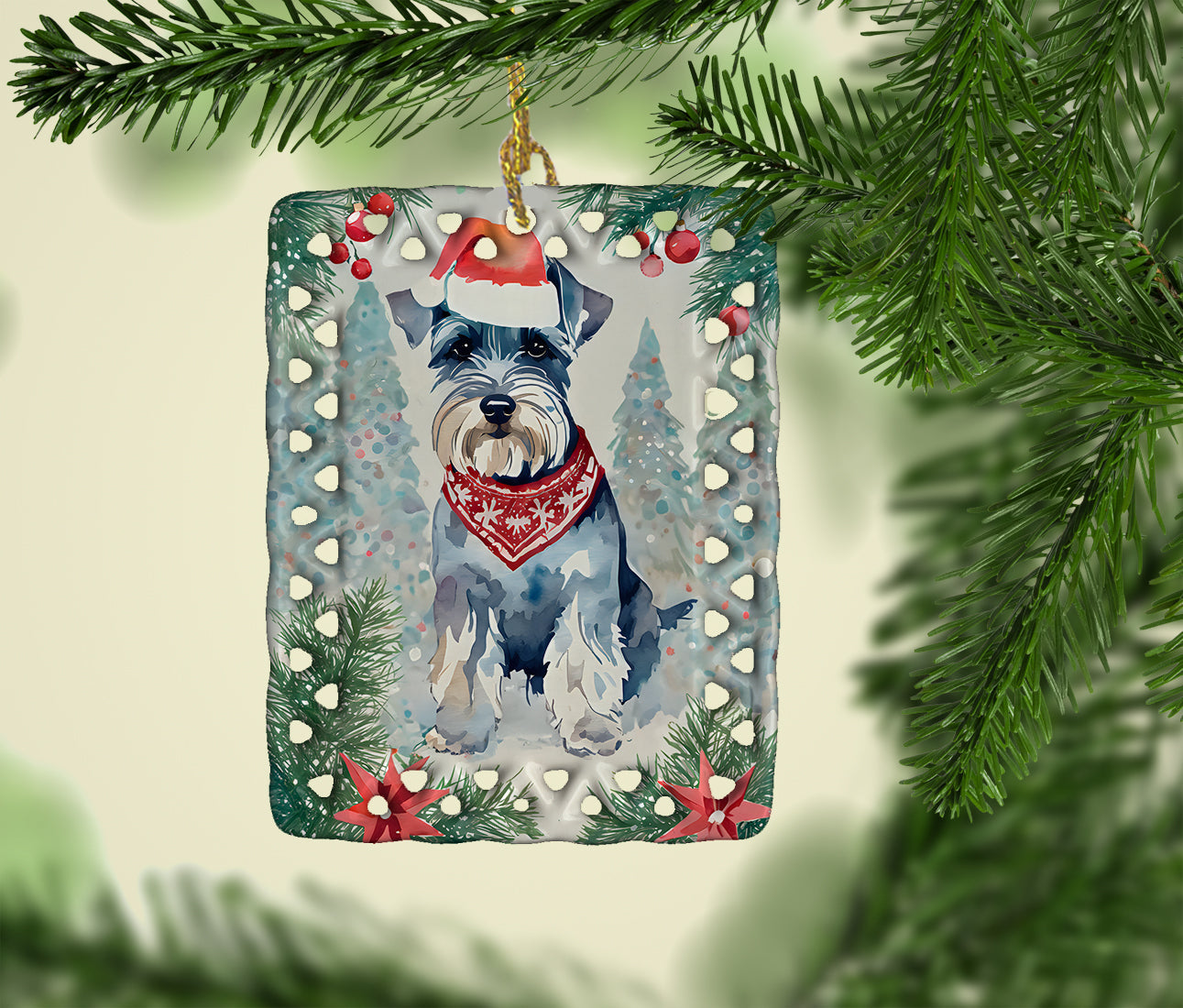Schnauzer Christmas Porcelain Ornament Christmas Tree Hanging Decorations for Home Christmas Holiday, Rectangle, Gift, Multicolor