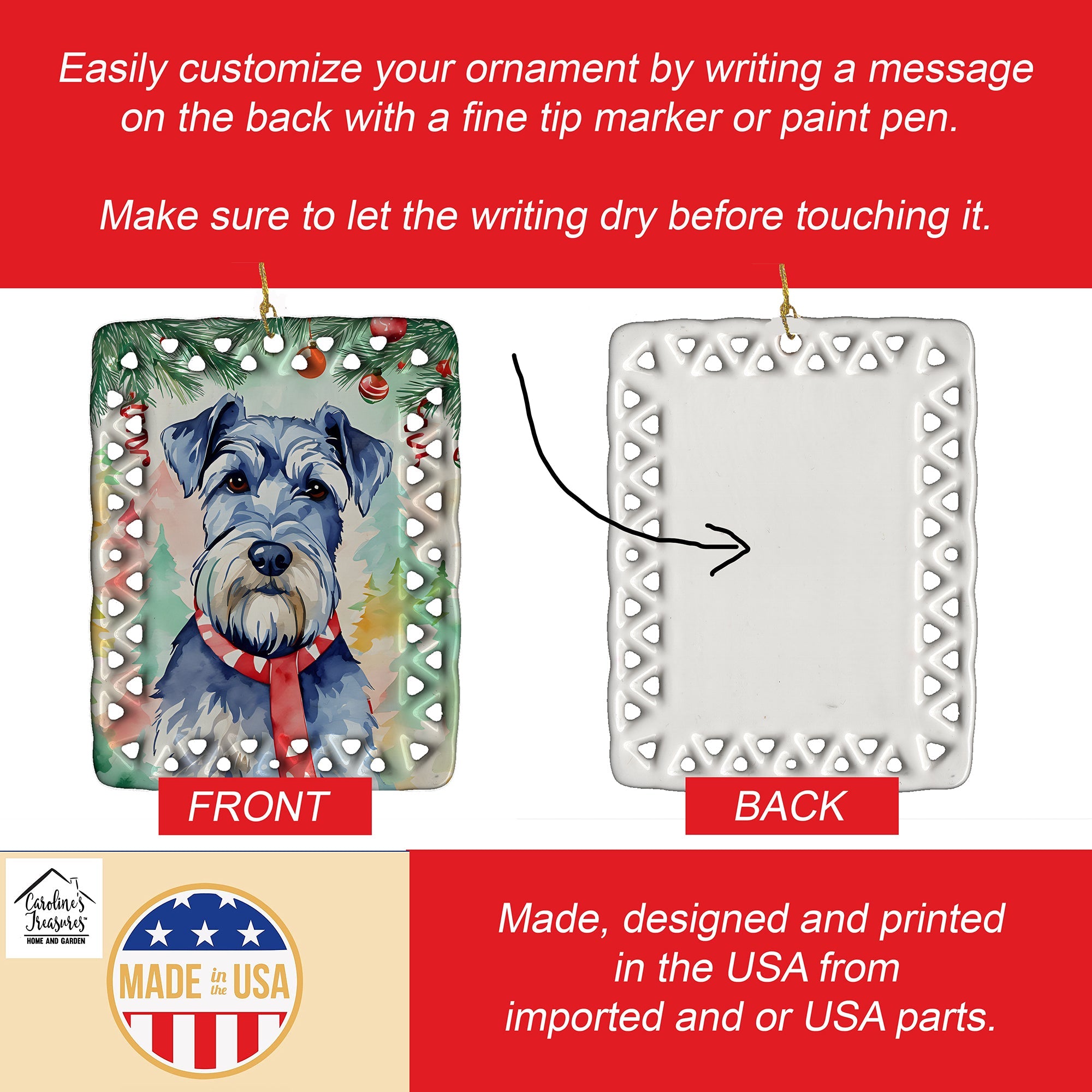 Schnauzer Christmas Porcelain Ornament Christmas Tree Hanging Decorations for Home Christmas Holiday, Rectangle, Gift, Multicolor