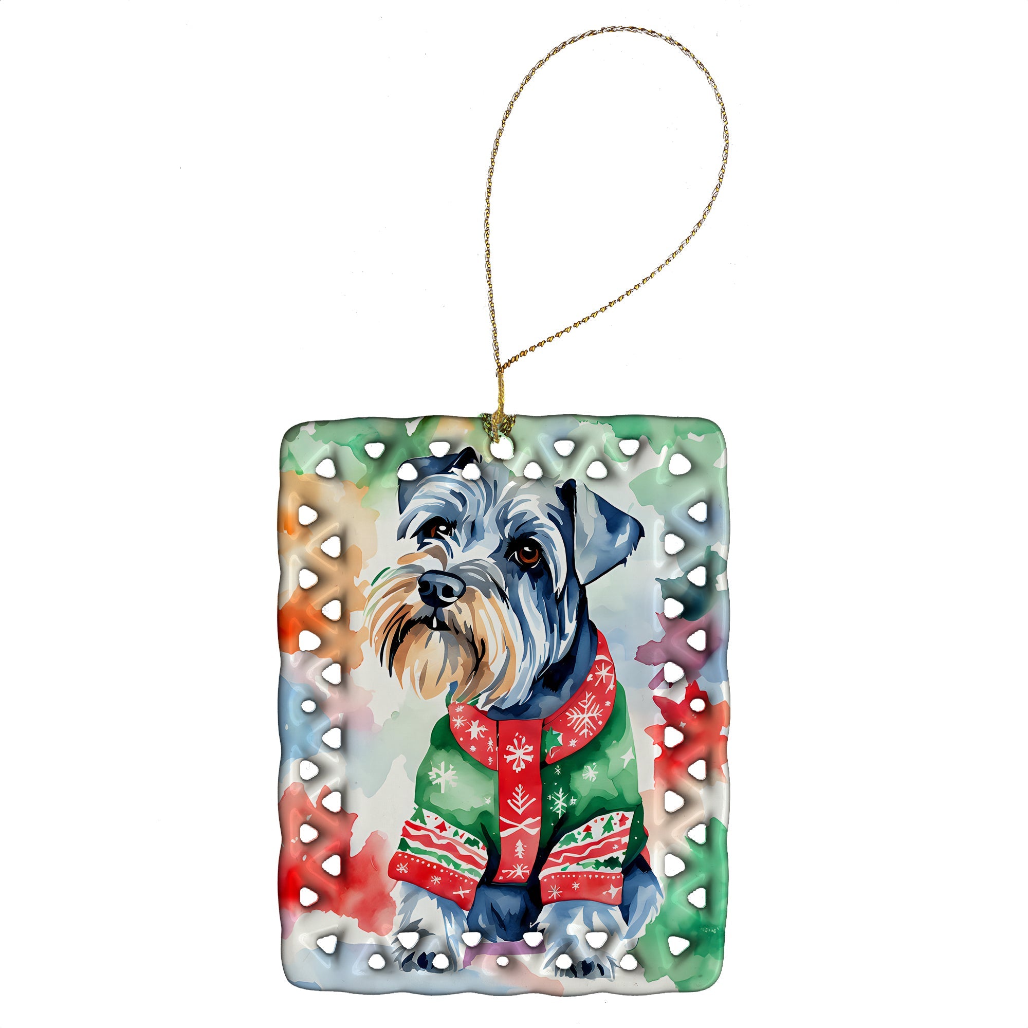 Schnauzer Christmas Porcelain Ornament Christmas Tree Hanging Decorations for Home Christmas Holiday, Rectangle, Gift, Multicolor