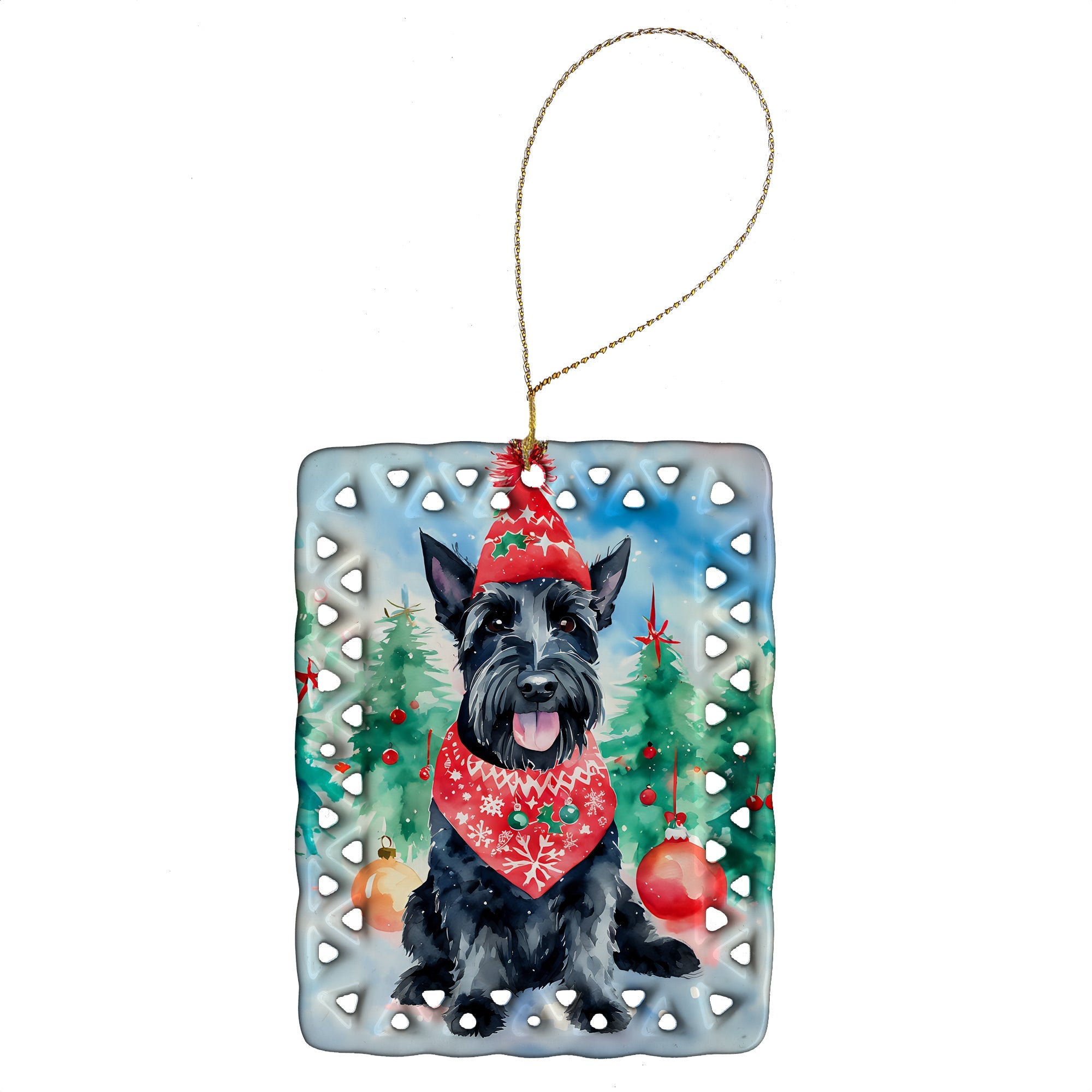 Scottish Terrier Christmas Porcelain Ornament Christmas Tree Hanging Decorations for Home Christmas Holiday, Rectangle, Gift, Multicolor