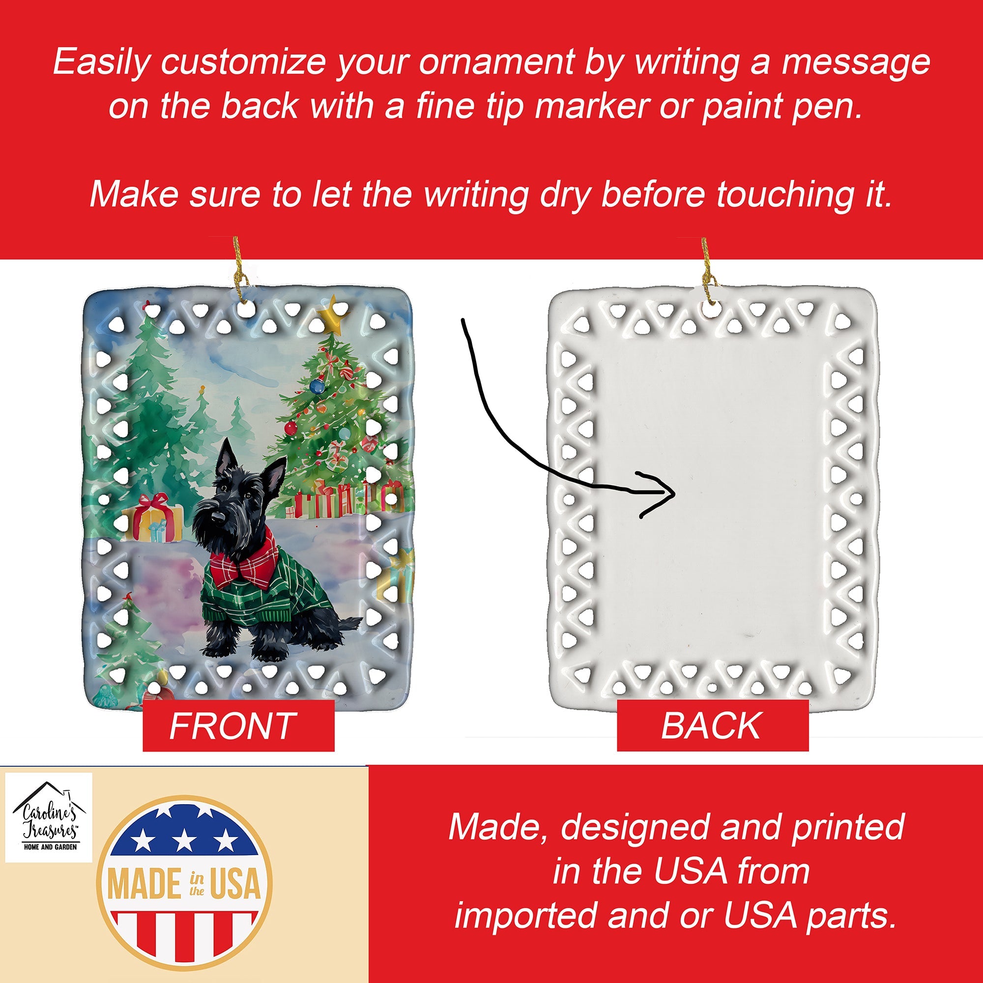 Scottish Terrier Christmas Porcelain Ornament Christmas Tree Hanging Decorations for Home Christmas Holiday, Rectangle, Gift, Multicolor