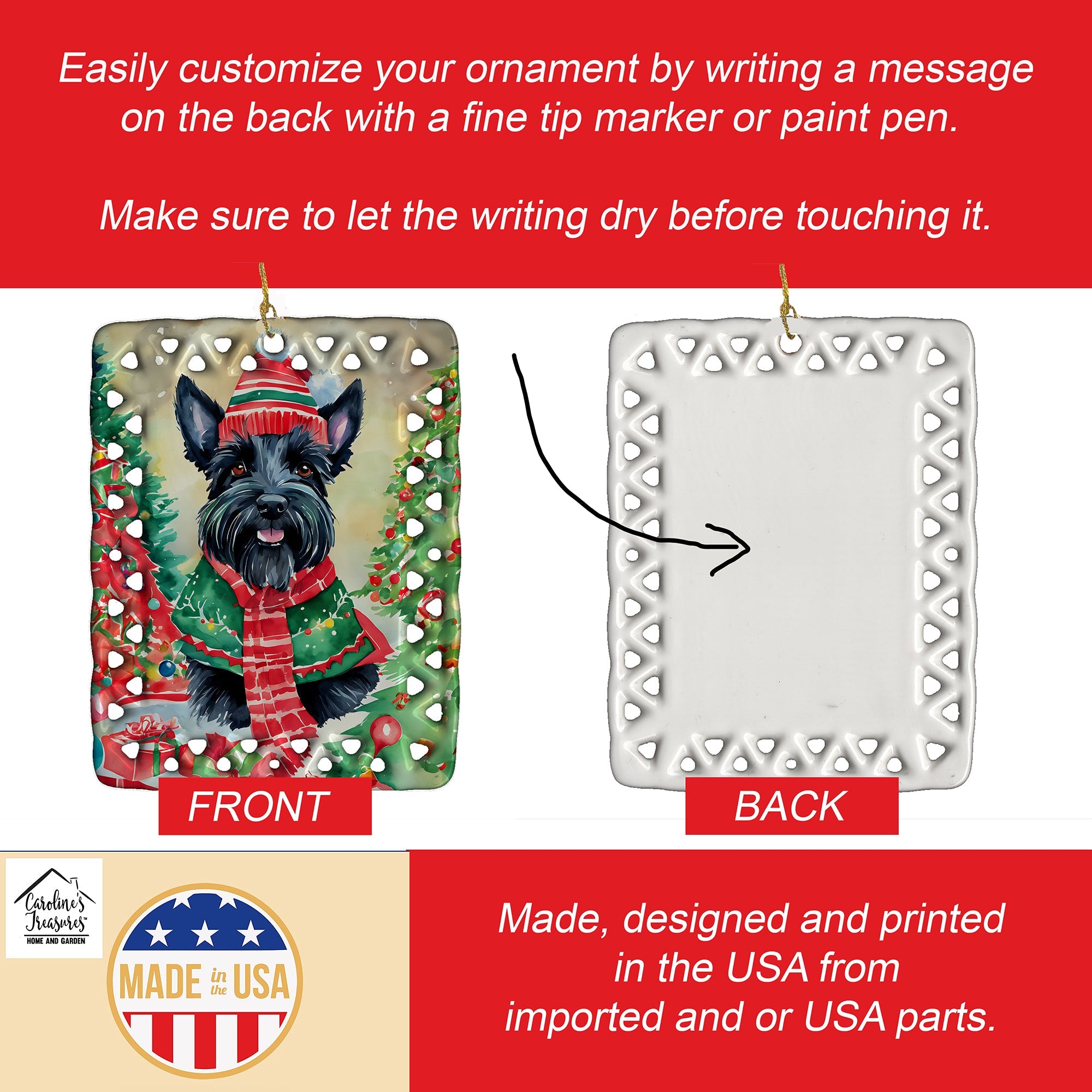 Scottish Terrier Christmas Porcelain Ornament Christmas Tree Hanging Decorations for Home Christmas Holiday, Rectangle, Gift, Multicolor