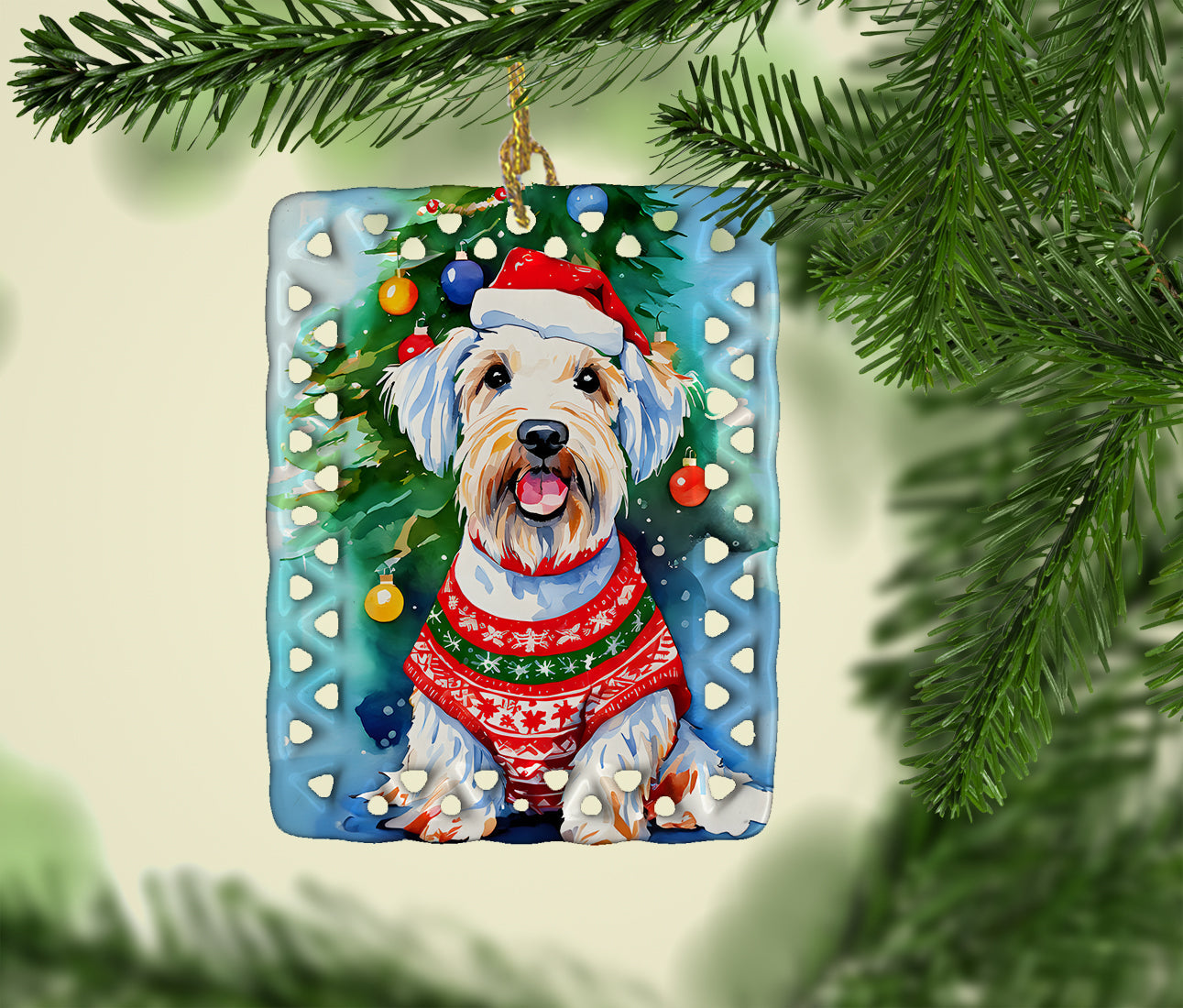 Sealyham Terrier Christmas Porcelain Ornament Christmas Tree Hanging Decorations for Home Christmas Holiday, Rectangle, Gift, Multicolor