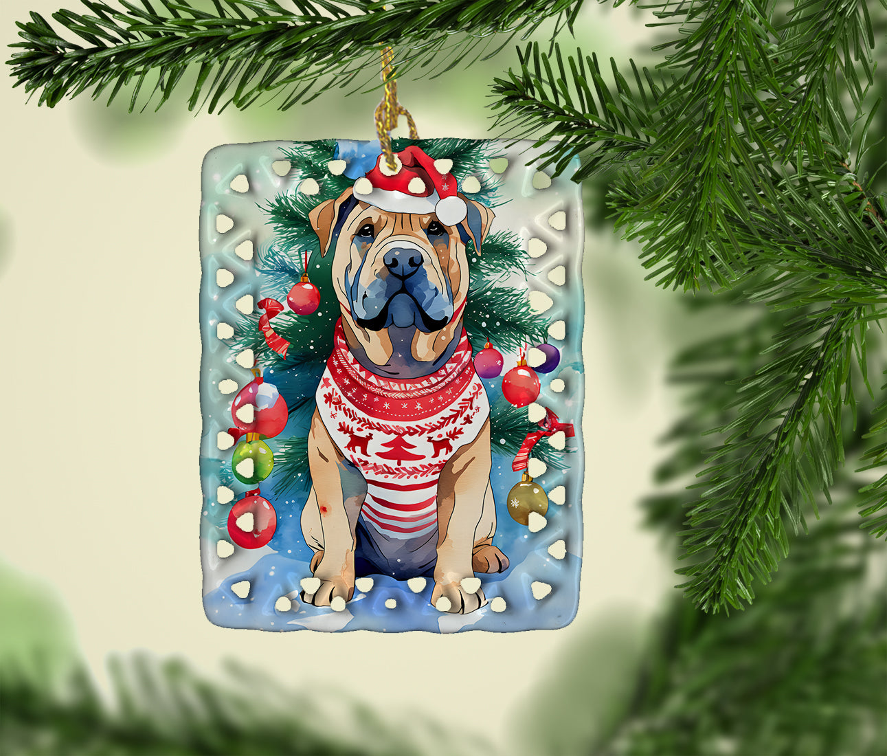 Shar Pei Christmas Porcelain Ornament Christmas Tree Hanging Decorations for Home Christmas Holiday, Rectangle, Gift, Multicolor