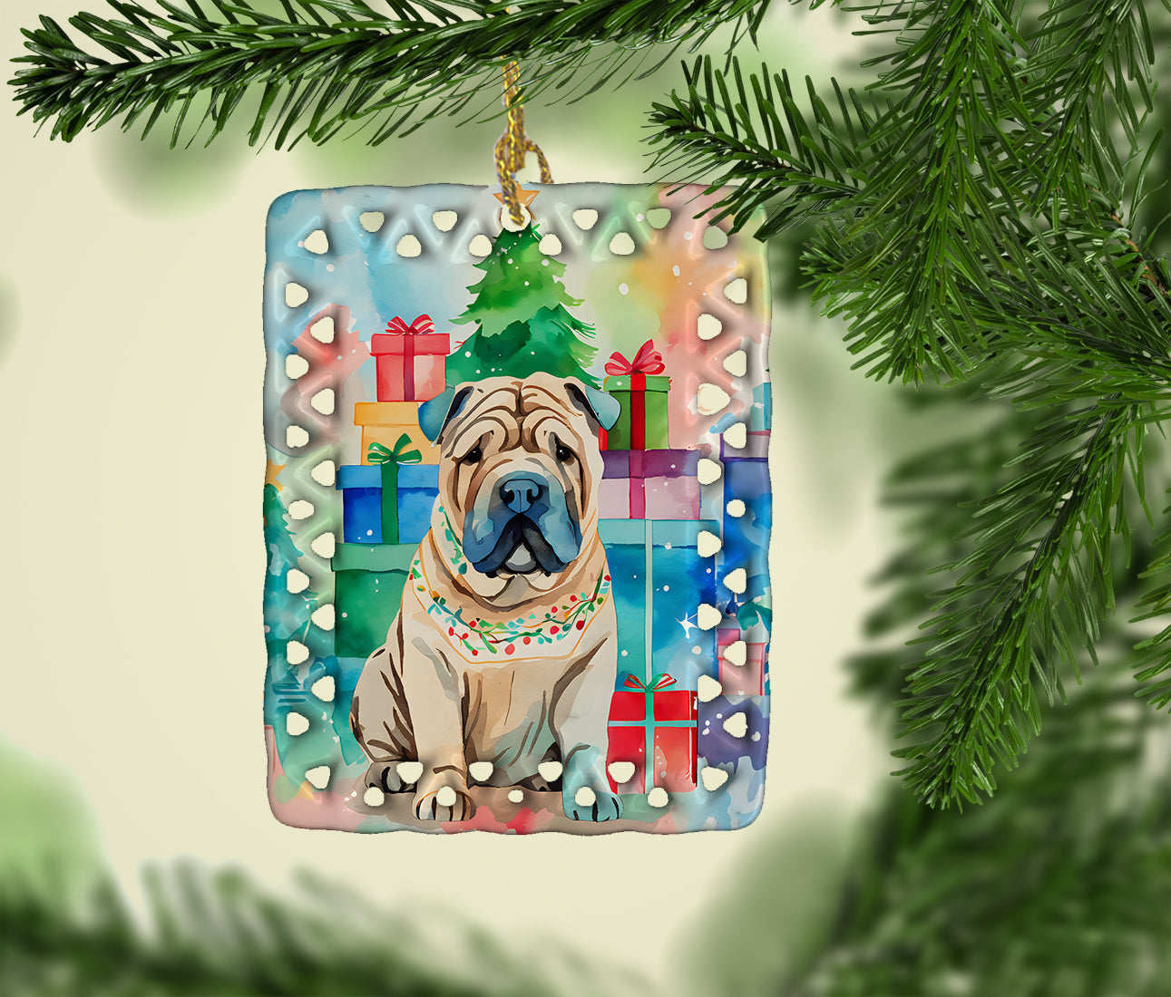 Shar Pei Christmas Porcelain Ornament Christmas Tree Hanging Decorations for Home Christmas Holiday, Rectangle, Gift, Multicolor