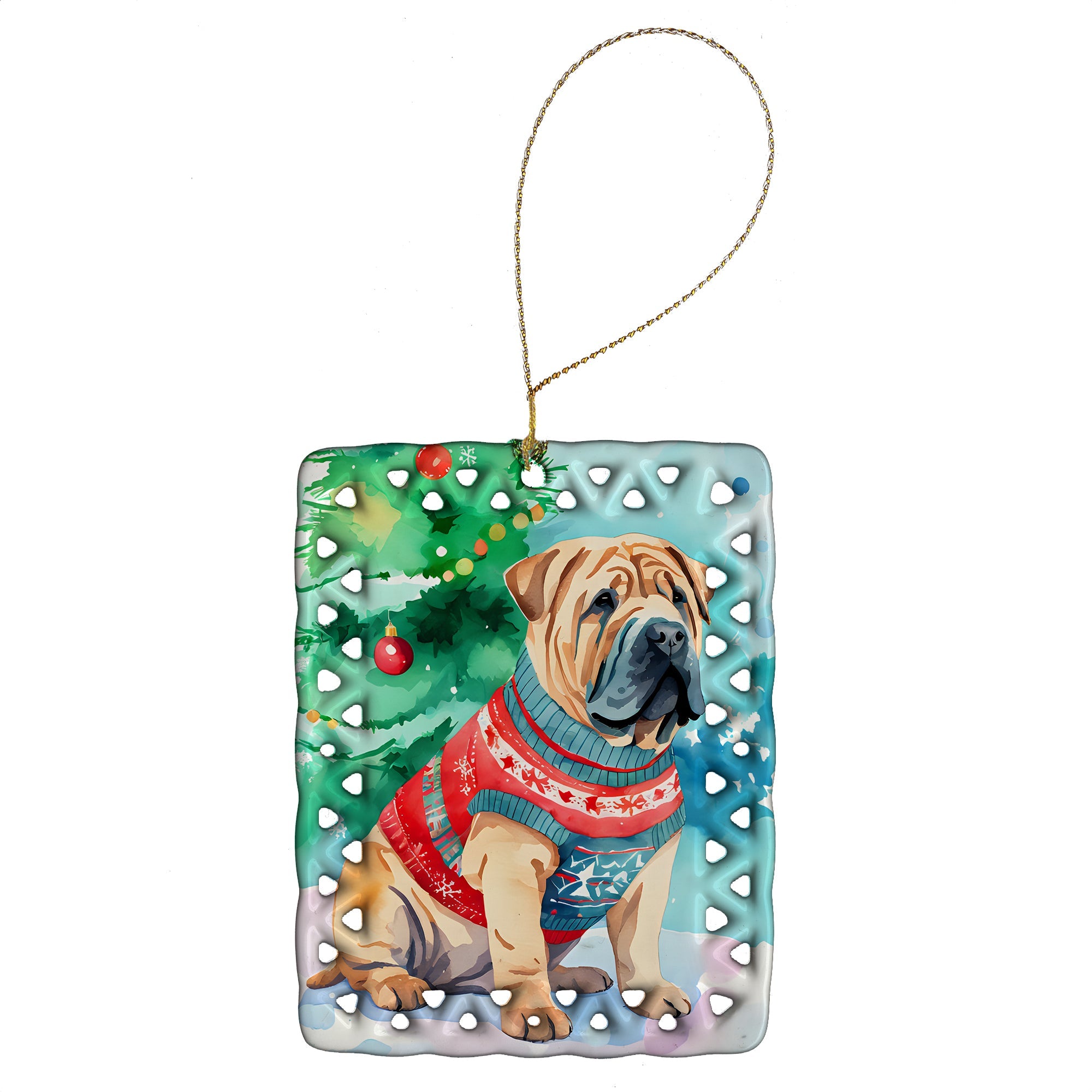 Shar Pei Christmas Porcelain Ornament Christmas Tree Hanging Decorations for Home Christmas Holiday, Rectangle, Gift, Multicolor