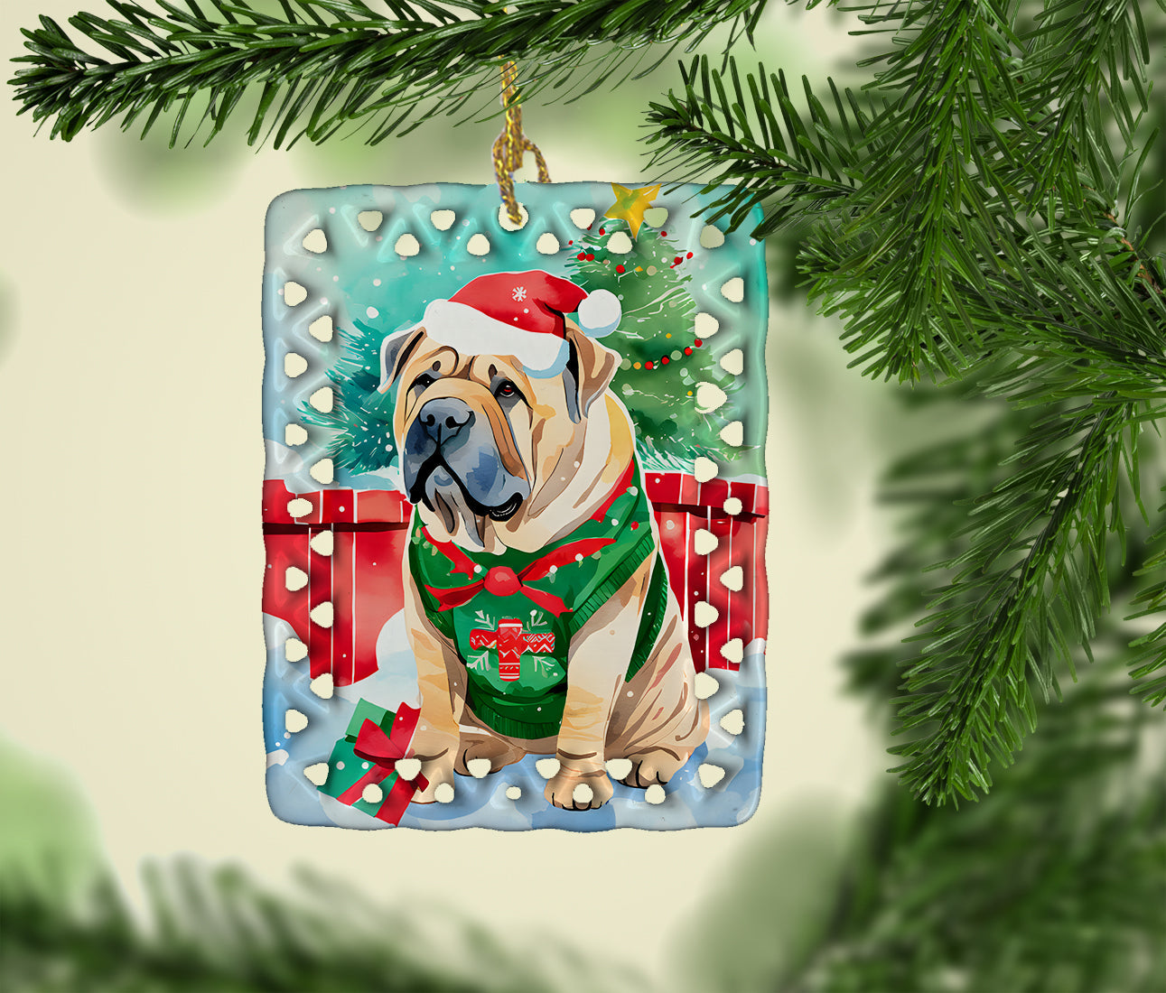 Shar Pei Christmas Porcelain Ornament Christmas Tree Hanging Decorations for Home Christmas Holiday, Rectangle, Gift, Multicolor