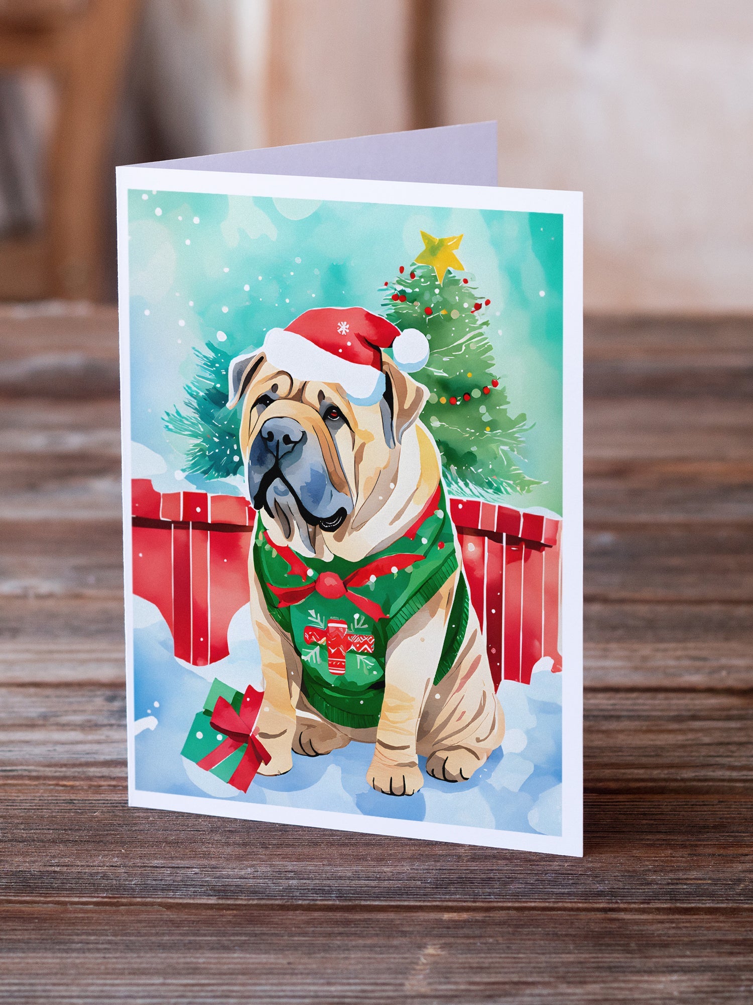 Shar Pei Christmas Greeting Cards Pack of 8 Blank Cards with Envelopes Whimsical A7 Size 5x7