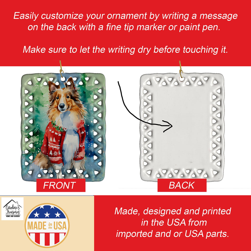 Sheltie Christmas Porcelain Ornament Christmas Tree Hanging Decorations for Home Christmas Holiday, Rectangle, Gift, Multicolor