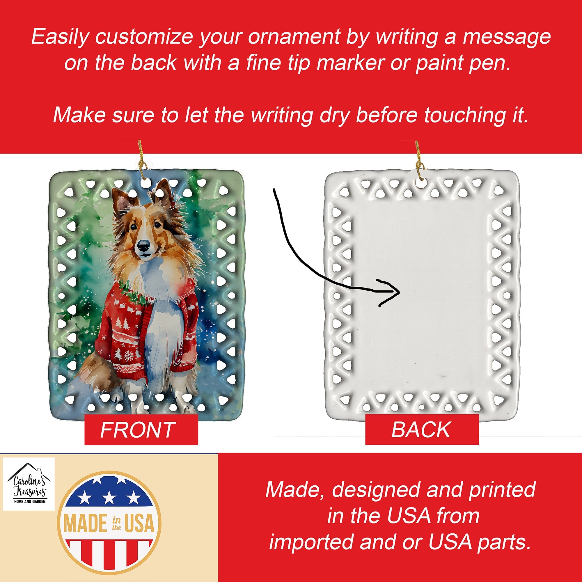 Sheltie Christmas Porcelain Ornament Christmas Tree Hanging Decorations for Home Christmas Holiday, Rectangle, Gift, Multicolor